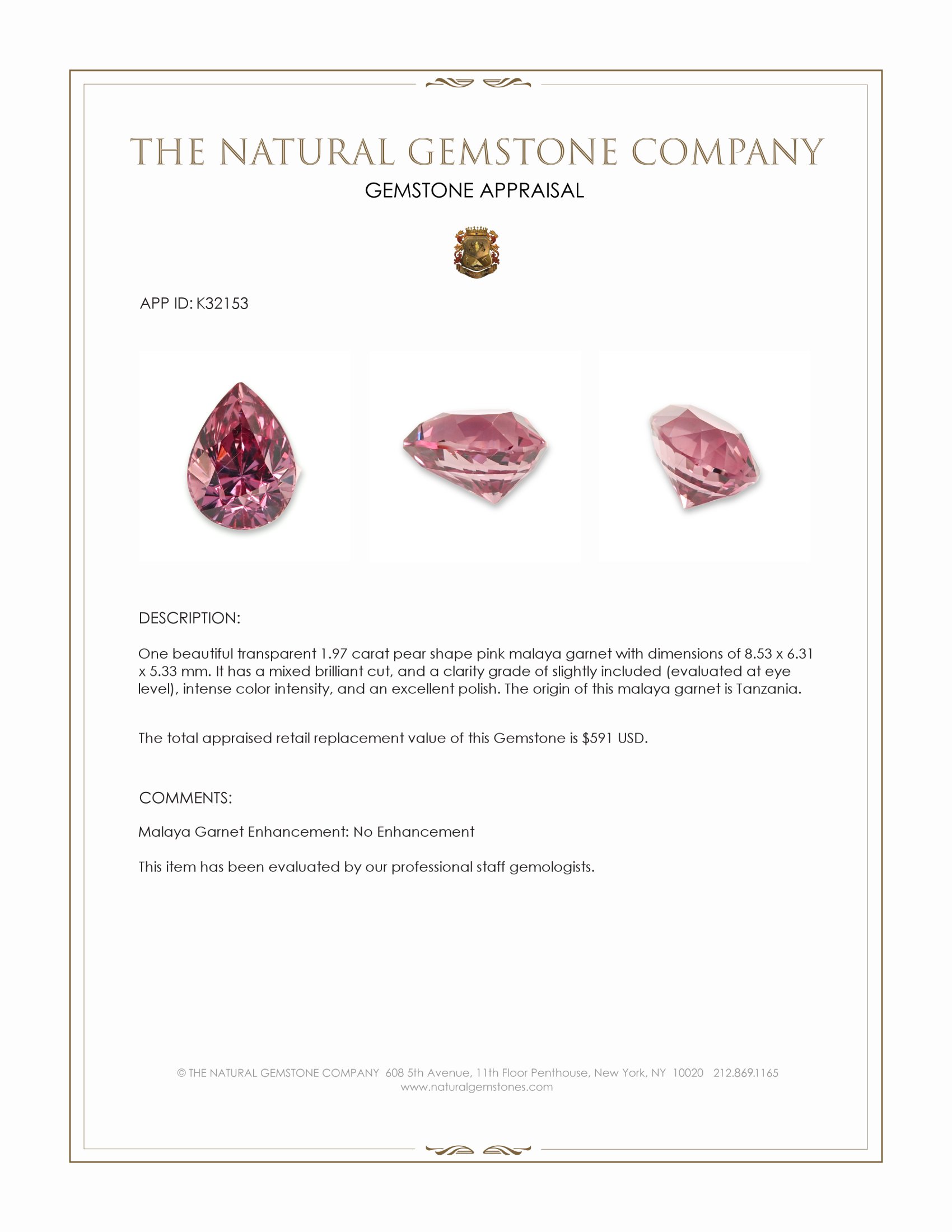1.97 Ct. Pink Malaya Garnet from Tanzania