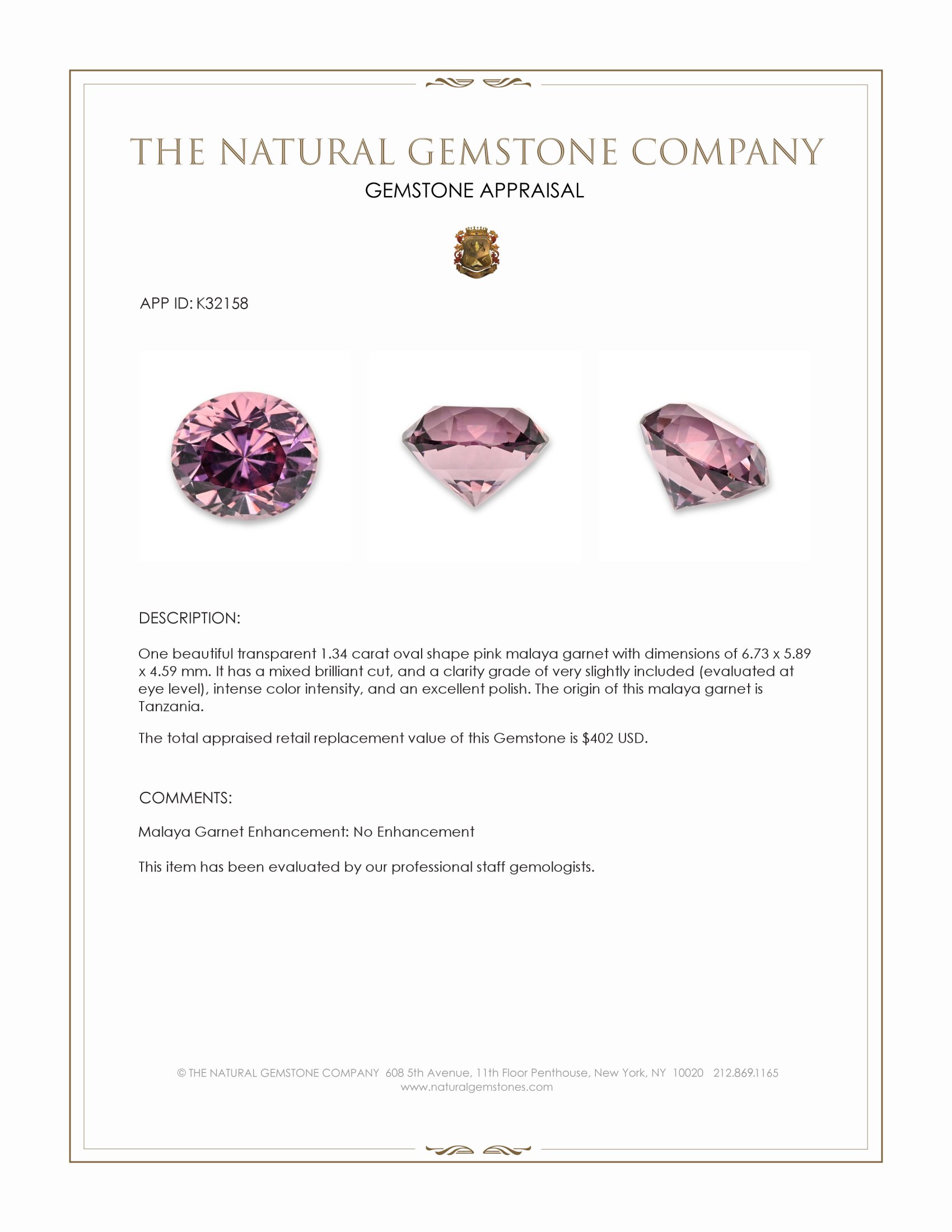 1.34 Ct. Pink Malaya Garnet from Tanzania