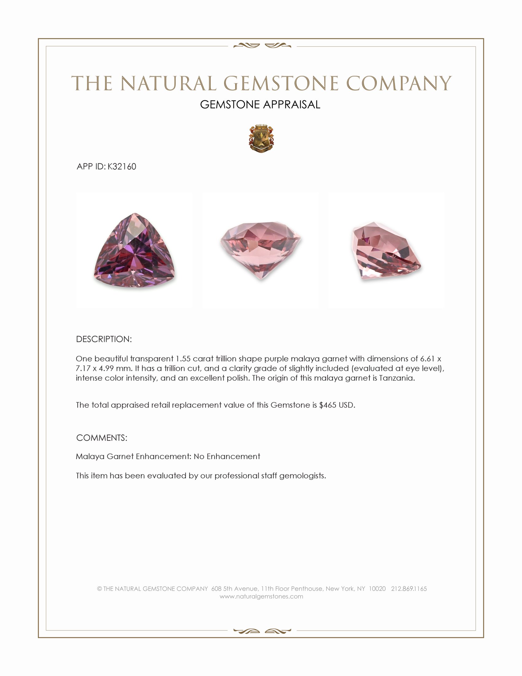 1.55 Ct. Purple Malaya Garnet from Tanzania