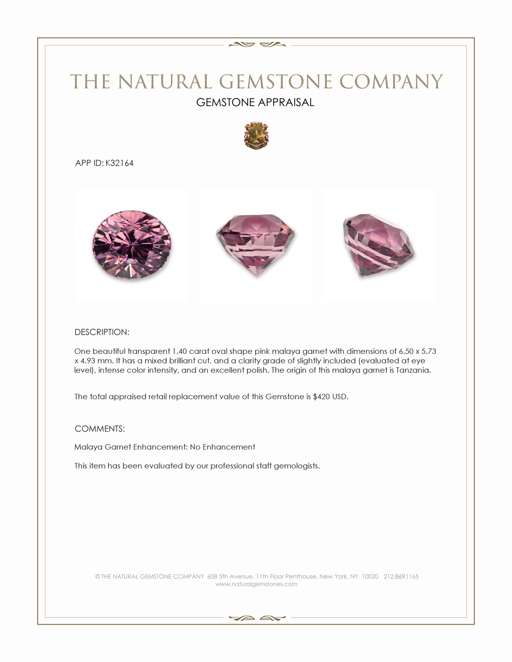 1.40 Ct. Pink Malaya Garnet from Tanzania