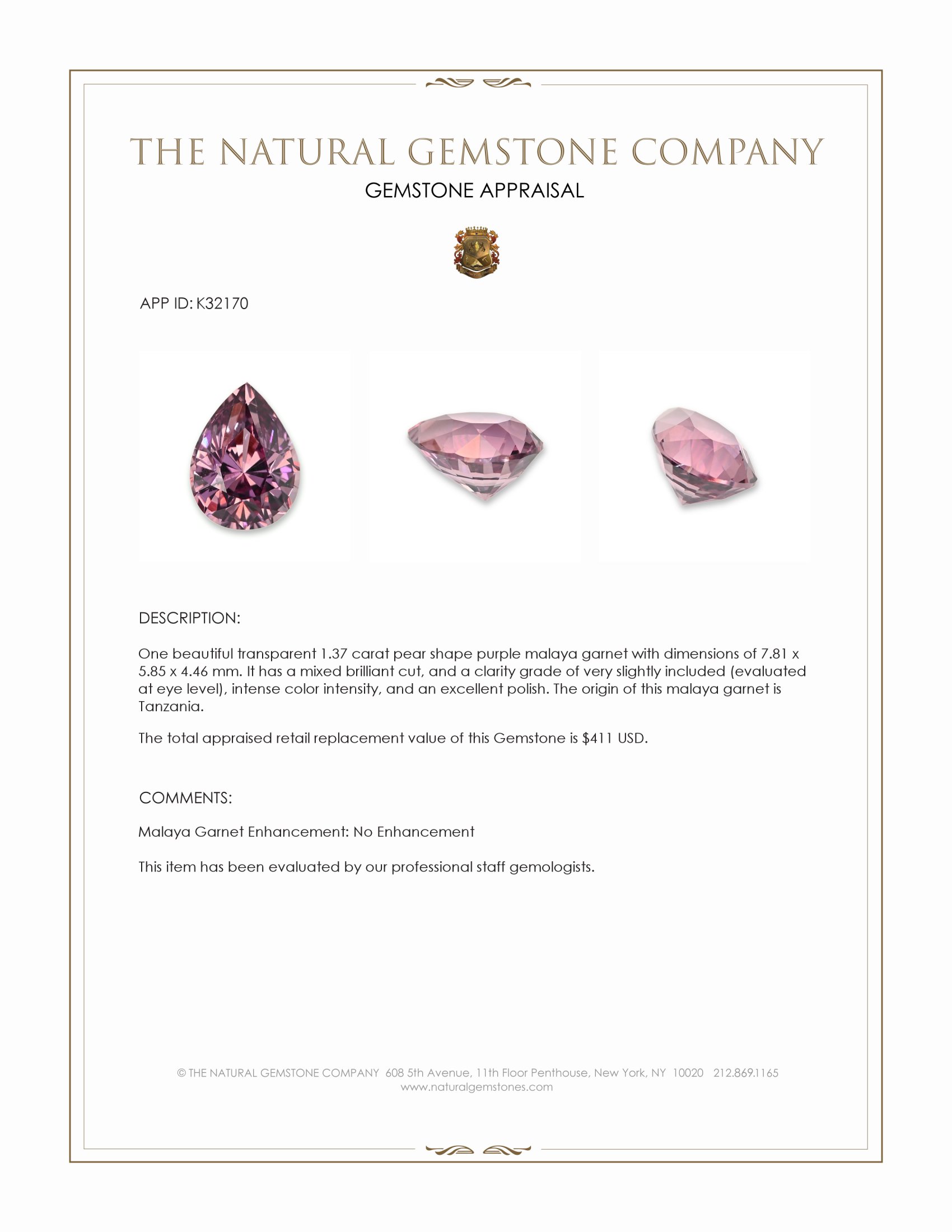 1.37 Ct. Purple Malaya Garnet from Tanzania