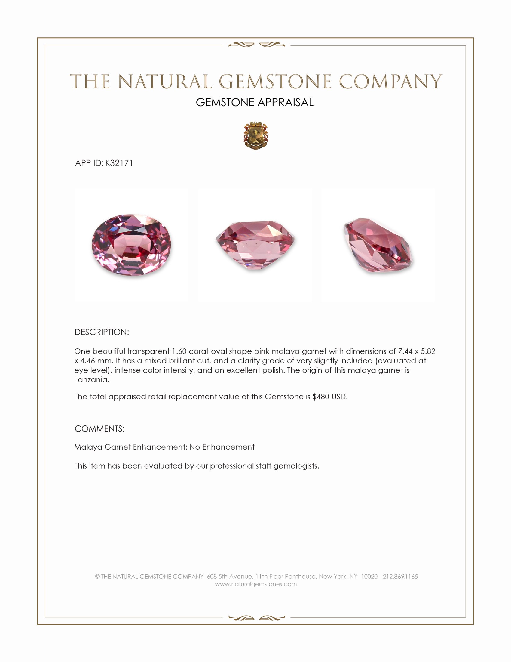 1.60 Ct. Pink Malaya Garnet from Tanzania