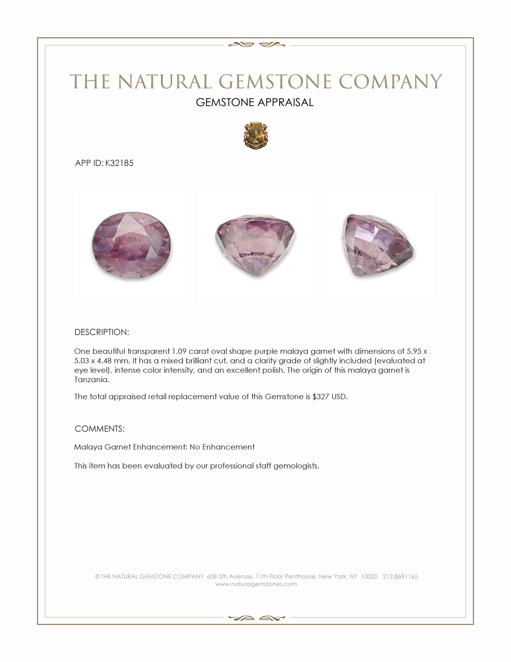 1.09 Ct. Purple Malaya Garnet from Tanzania