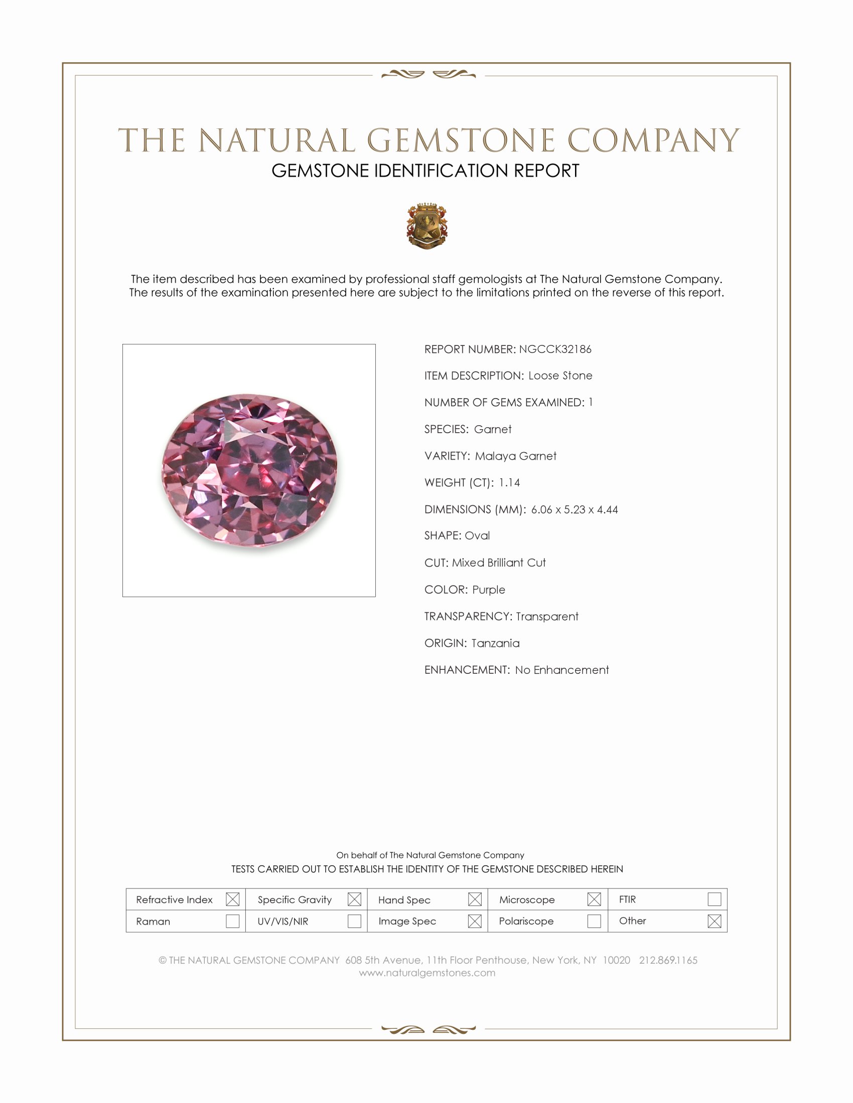 1.14 Ct. Purple Malaya Garnet from Tanzania