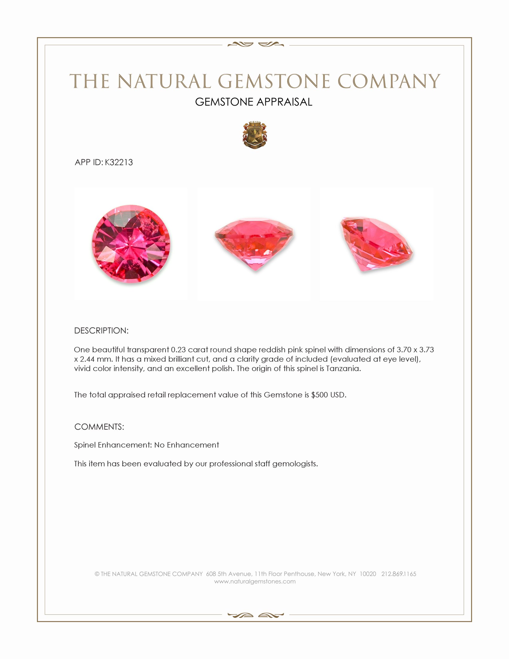 0.23 Ct. Reddish Pink Spinel from Tanzania