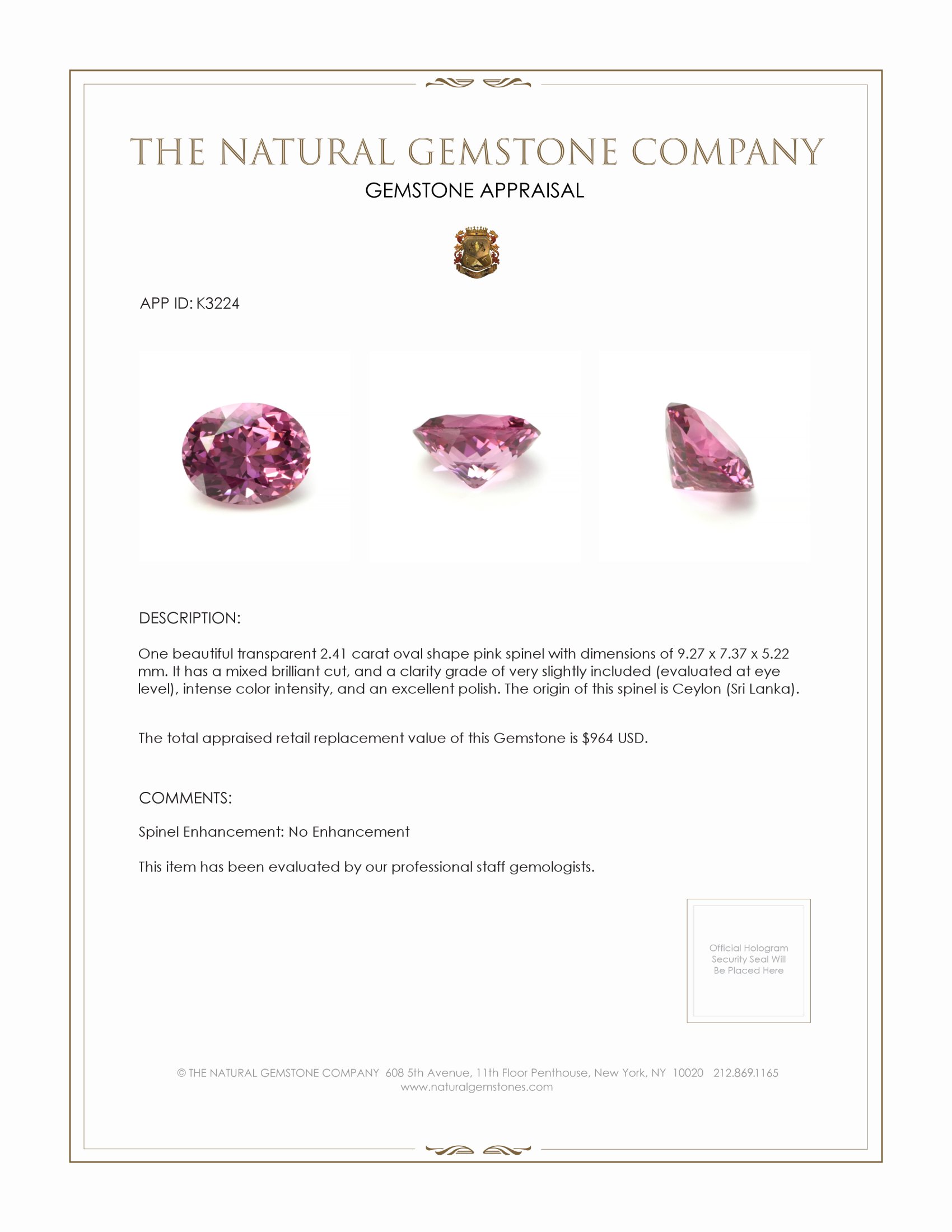 2.41 Ct. Spinel from Ceylon (Sri Lanka)