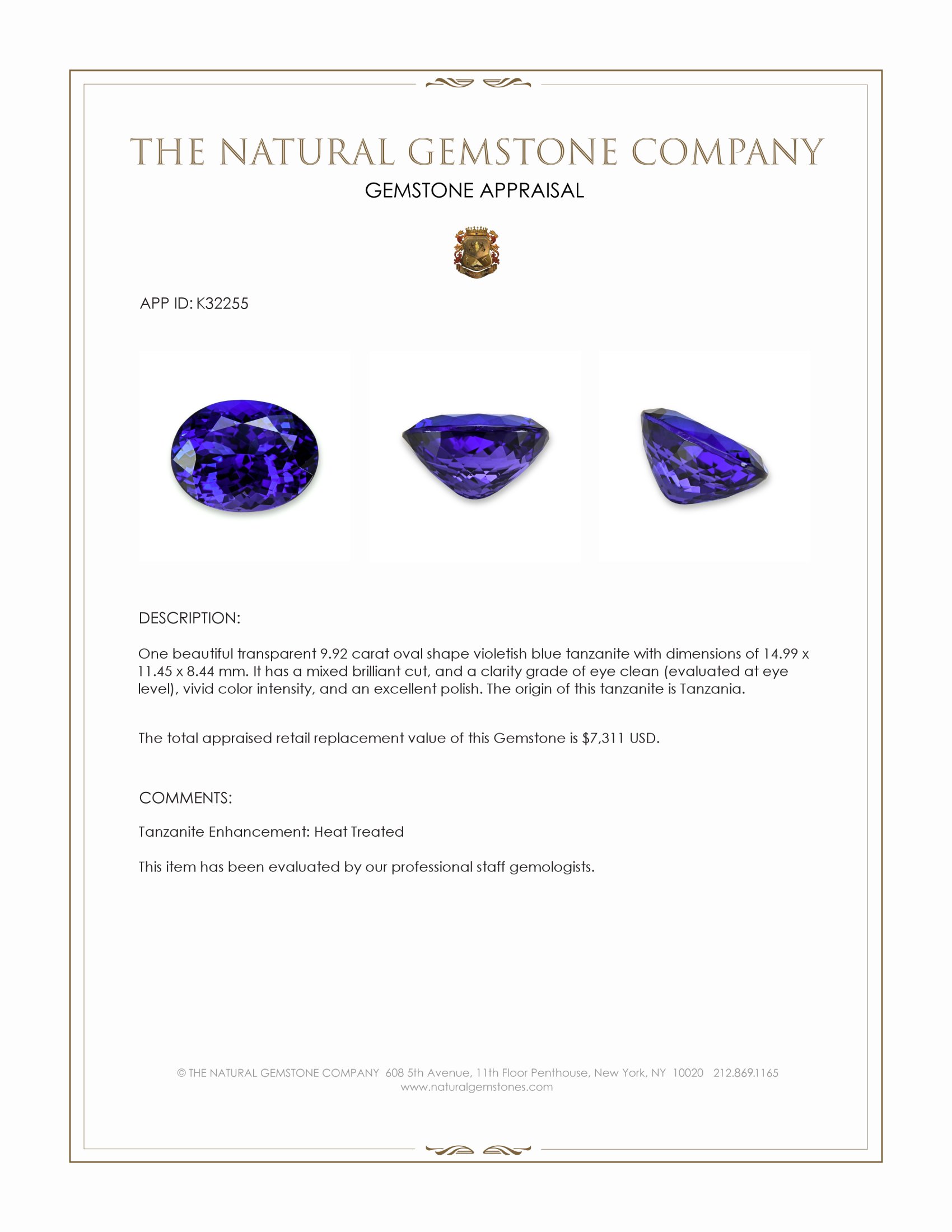 9.92 Ct. Violetish Blue Tanzanite from Tanzania