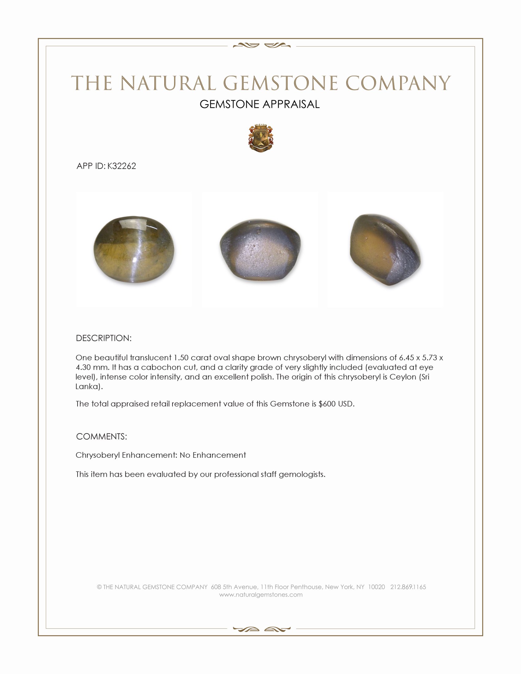 1.50 Ct. Brown Cabochon Cat’s Eye Chrysoberyl from Ceylon (Sri Lanka)