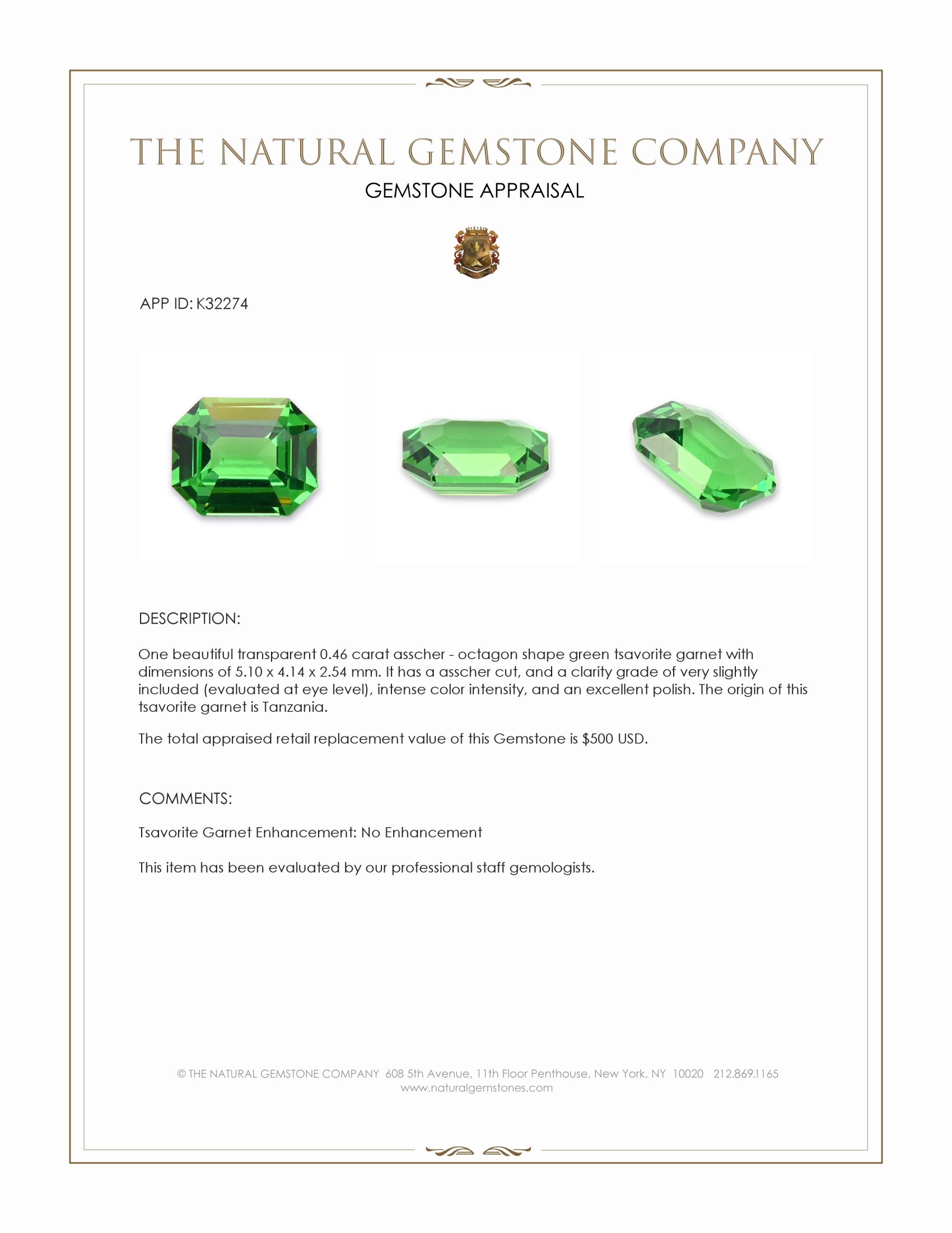 0.46 Ct. Tsavorite Garnet from Tanzania
