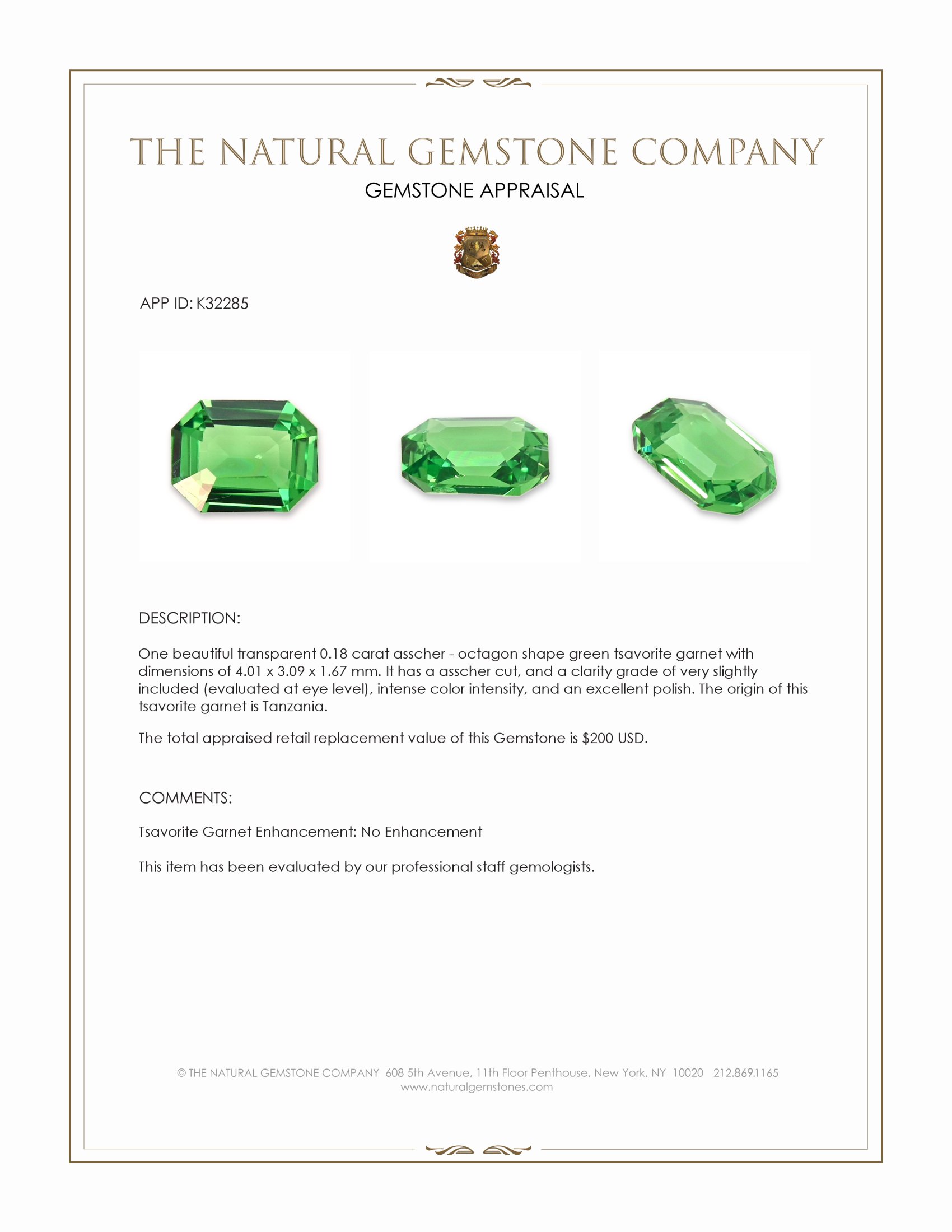 0.18 Ct. Tsavorite Garnet from Tanzania