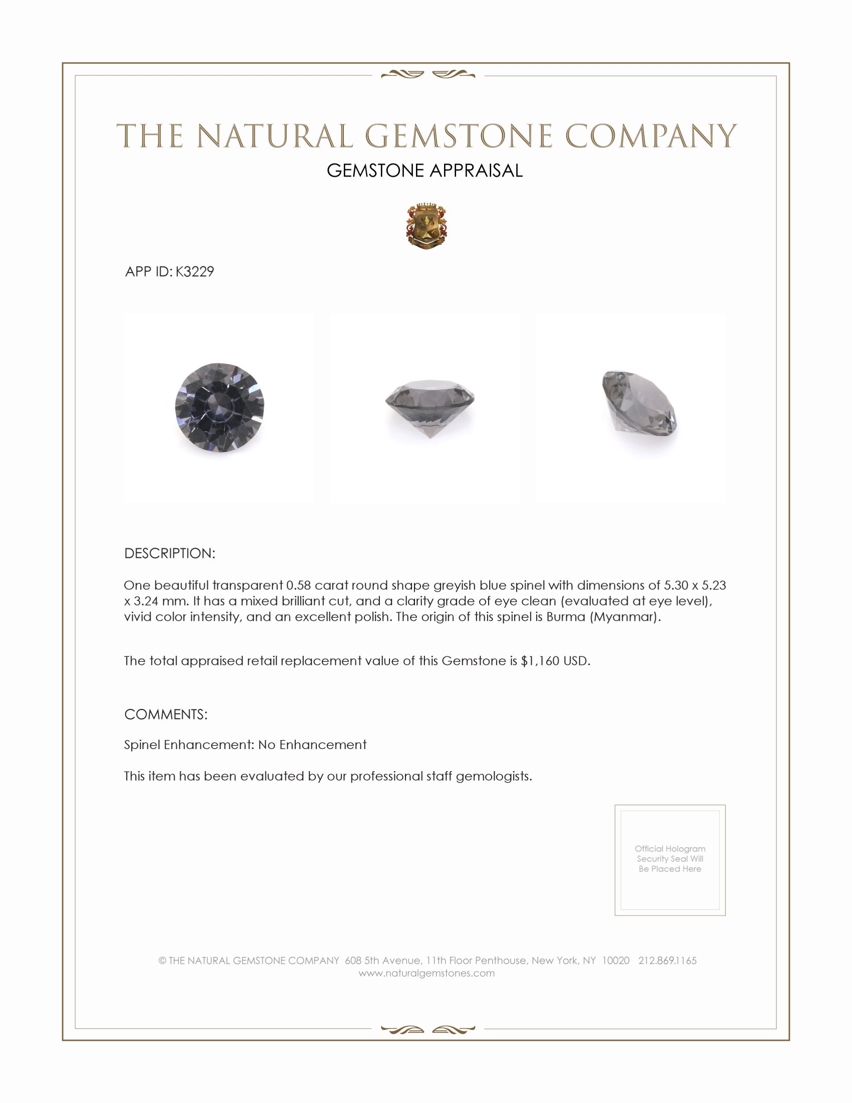 0.58 Ct. Spinel from Burma (Myanmar)