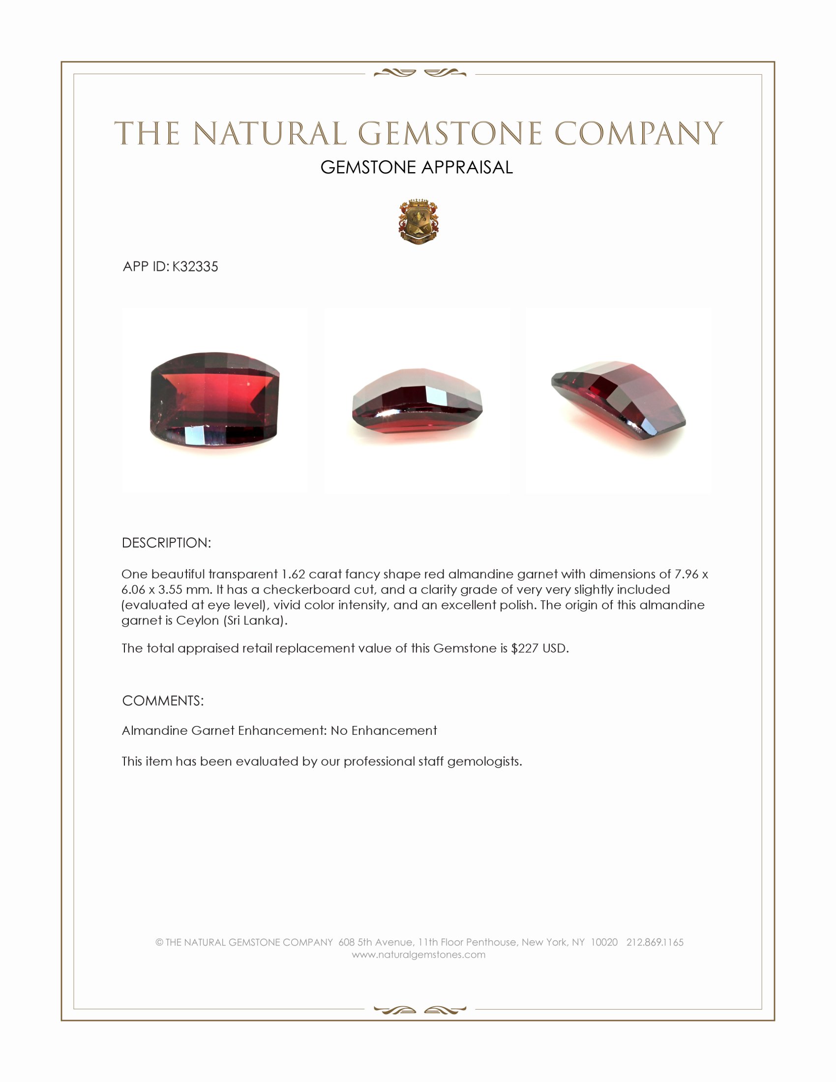 1.62 Ct. Red Almandine Garnet from Ceylon (Sri Lanka)