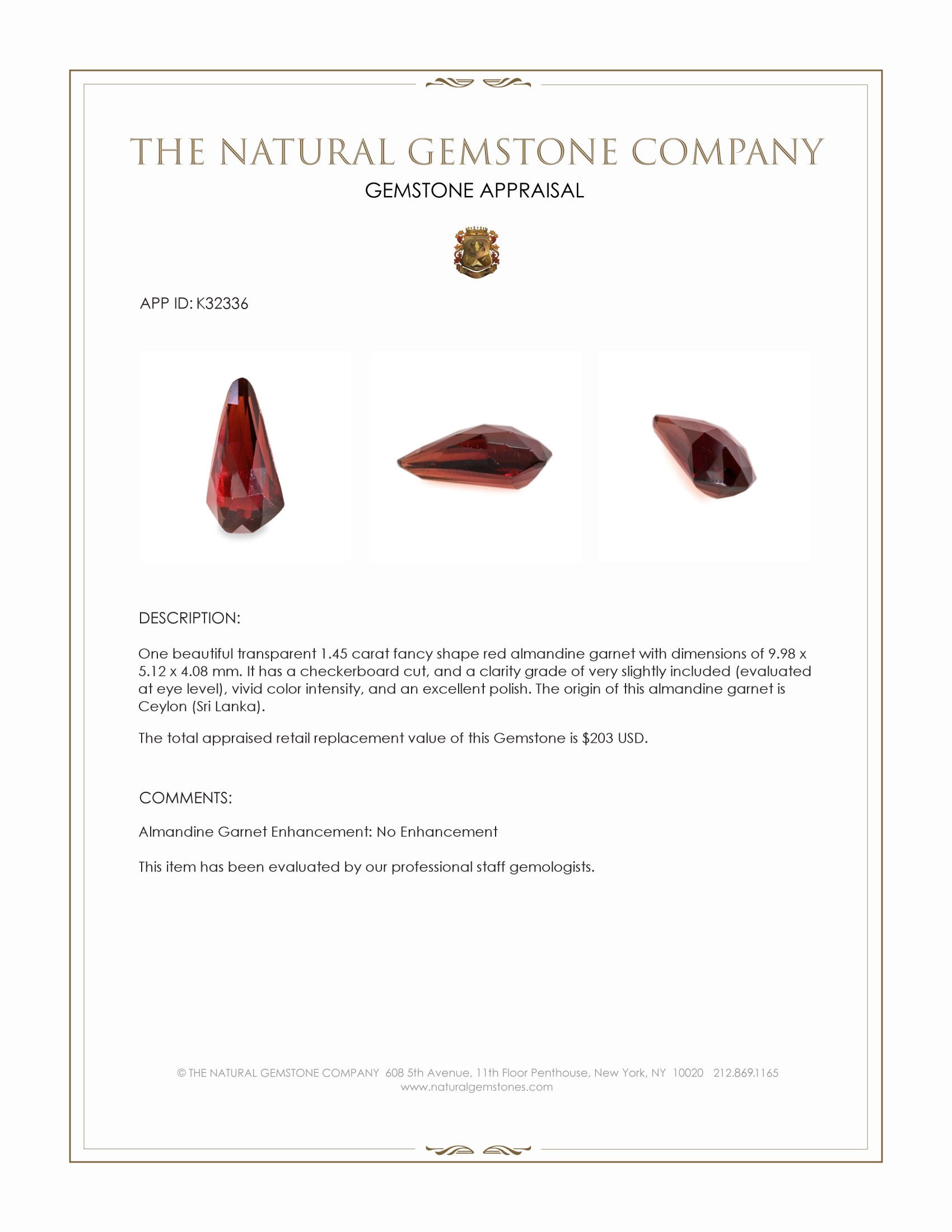 1.45 Ct. Red Almandine Garnet from Ceylon (Sri Lanka)