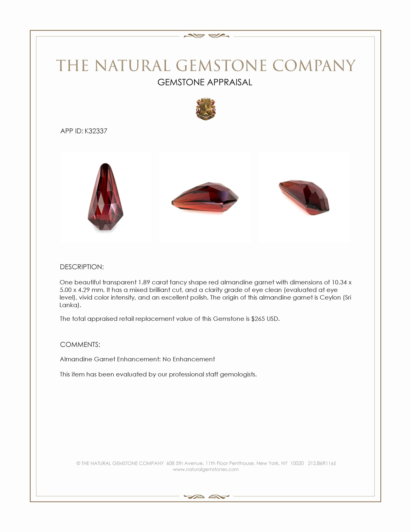1.89 Ct. Red Almandine Garnet from Ceylon (Sri Lanka)