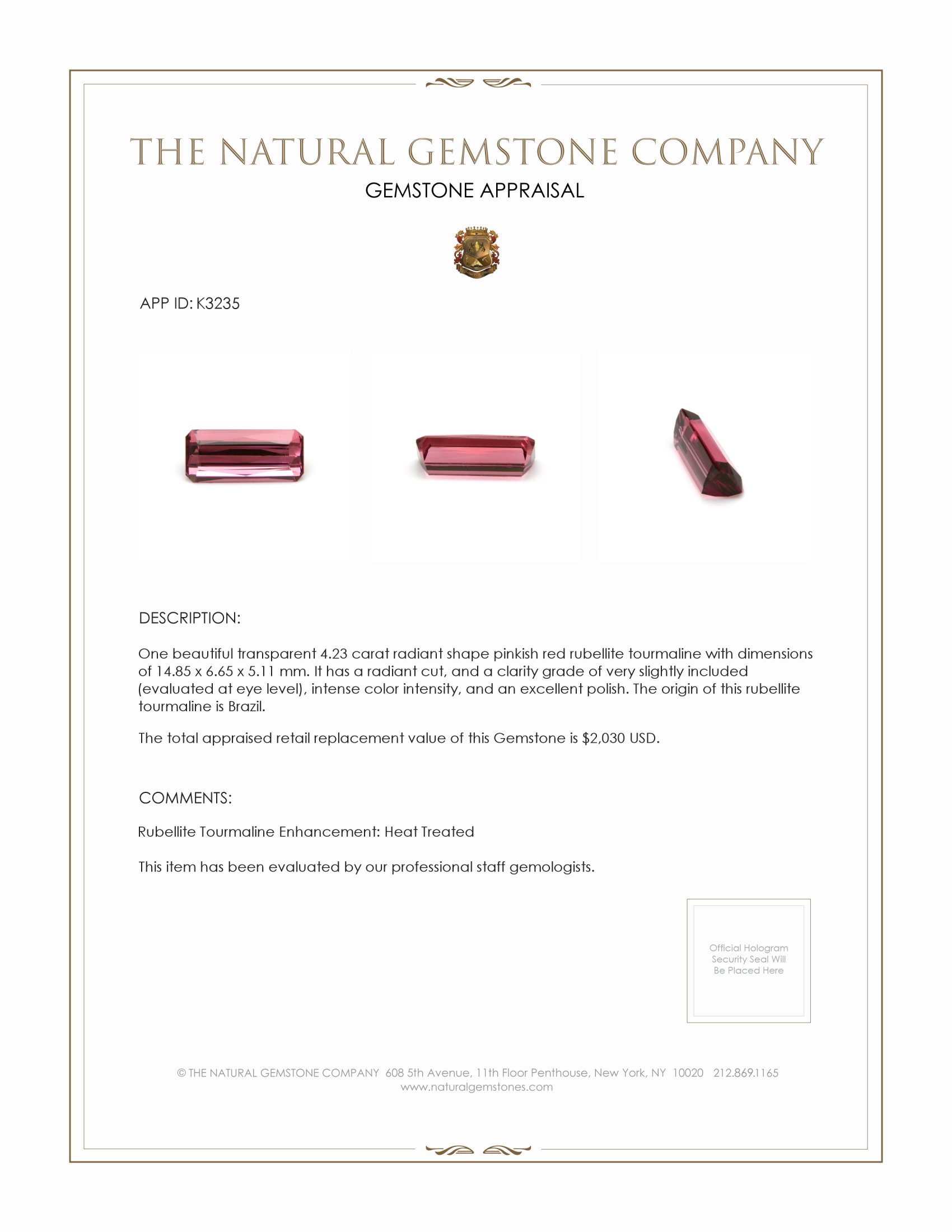 4.23 Ct. Rubellite Tourmaline from Brazil