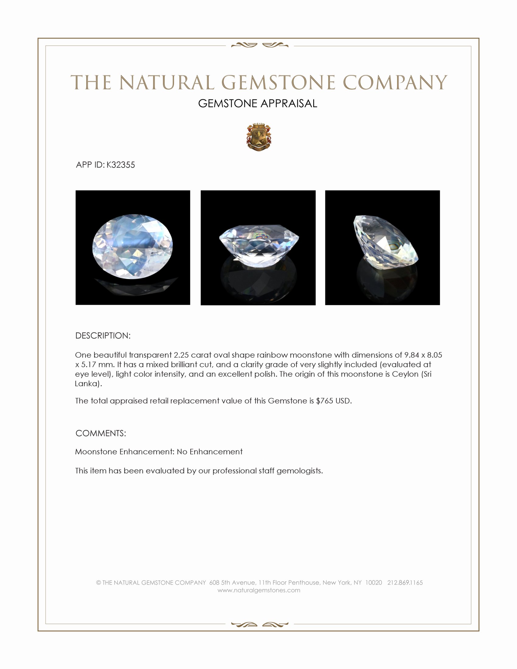2.25 Ct. Rainbow Moonstone from Ceylon (Sri Lanka)