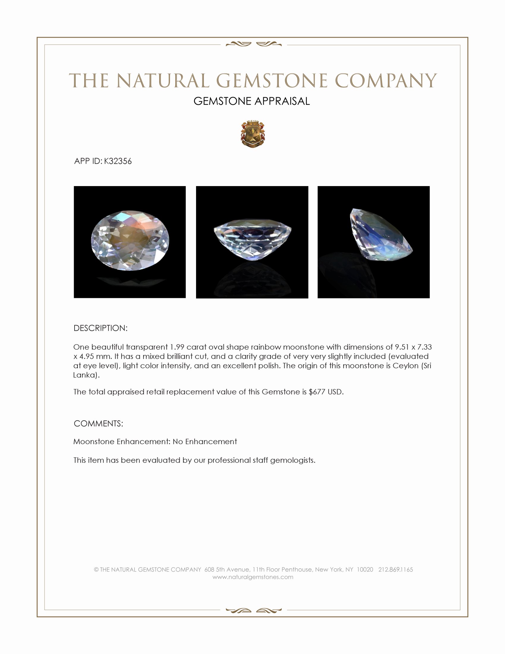 1.99 Ct. Rainbow Moonstone from Ceylon (Sri Lanka)