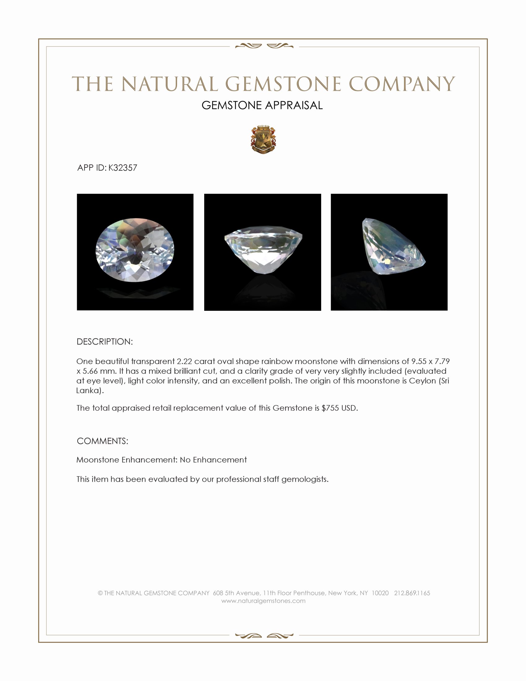 2.22 Ct. Rainbow Moonstone from Ceylon (Sri Lanka)