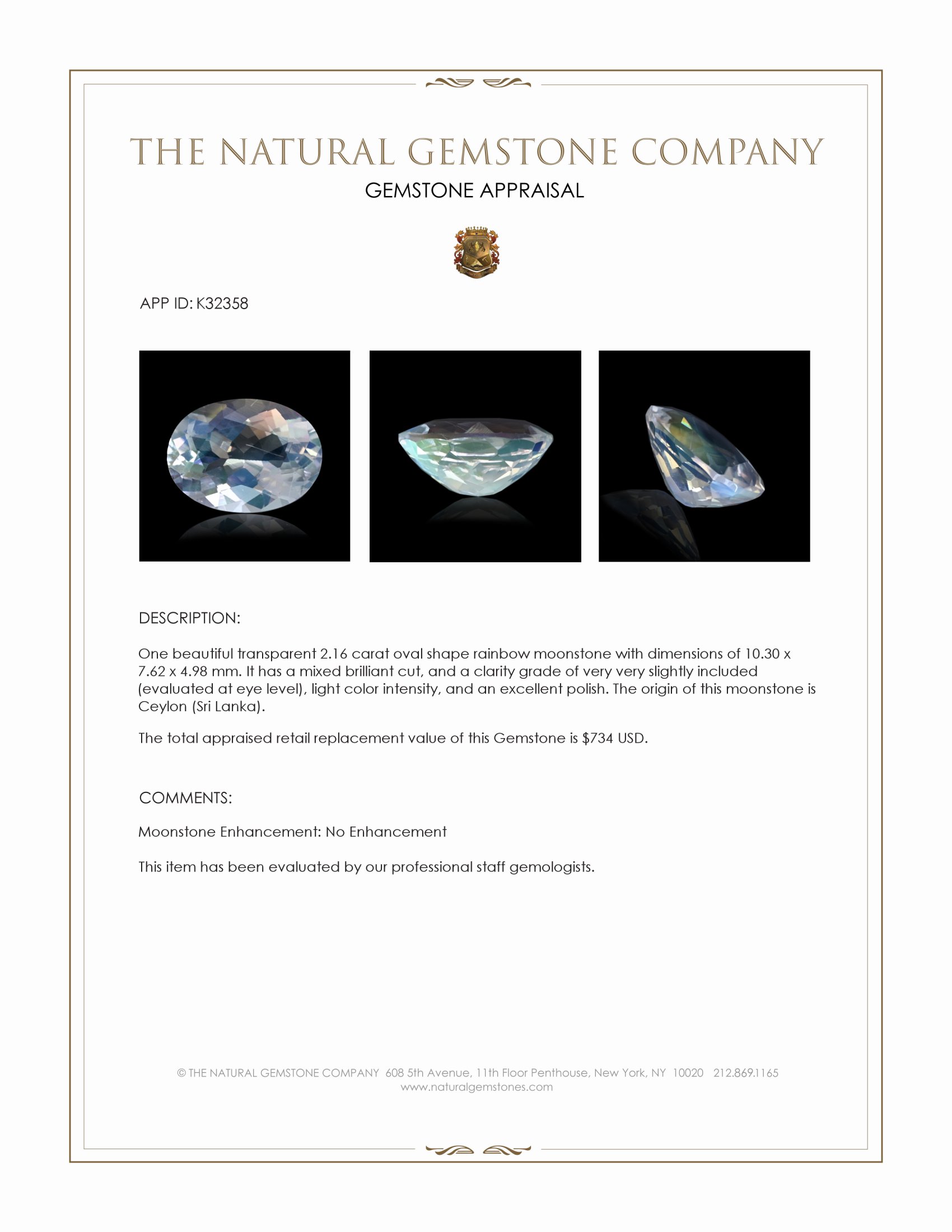 2.16 Ct. Rainbow Moonstone from Ceylon (Sri Lanka)