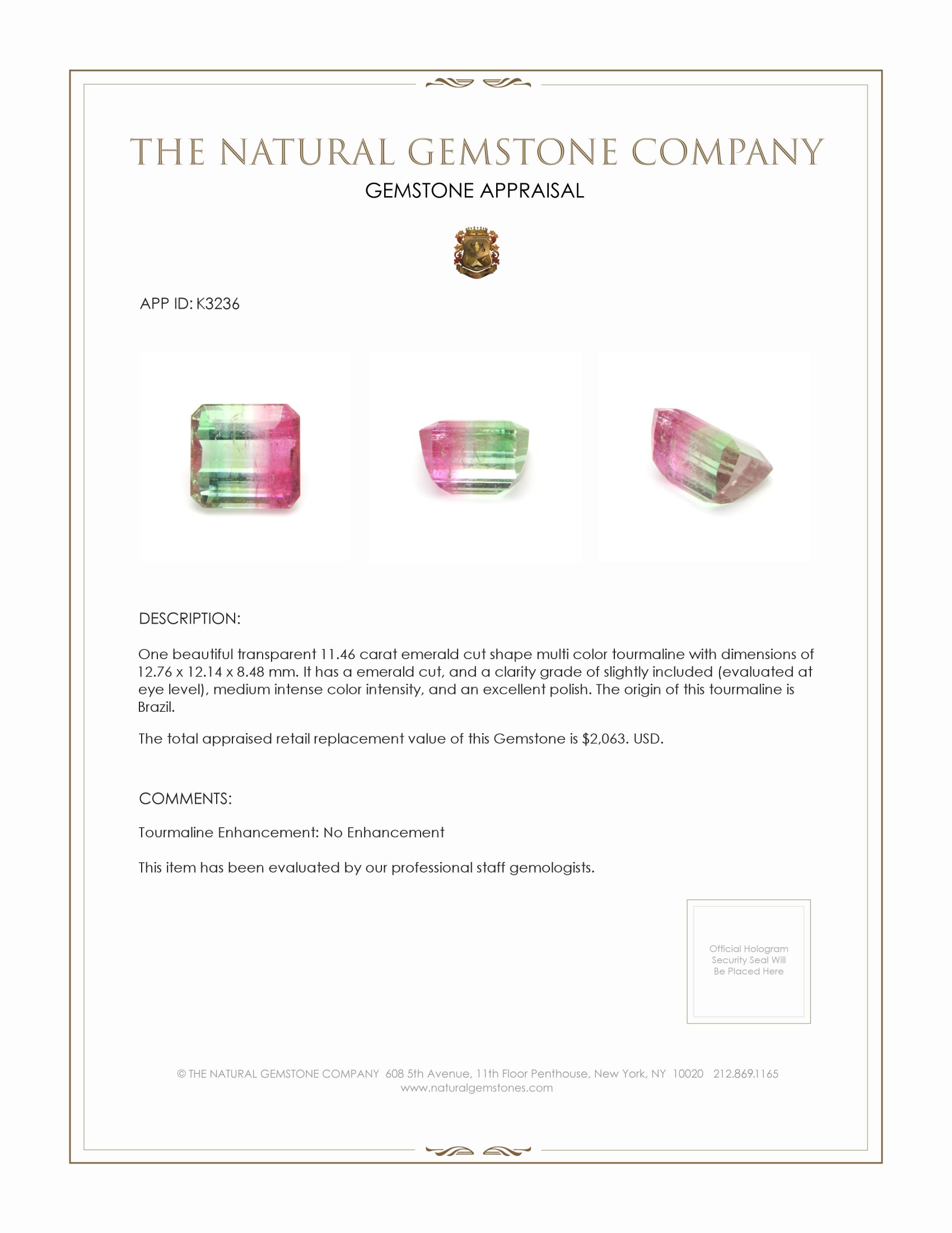 11.46 Ct. Tourmaline from Brazil