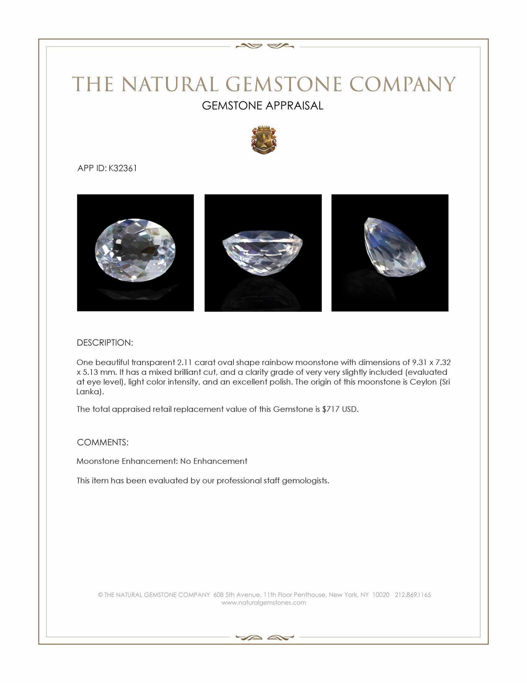 2.11 Ct. Rainbow Moonstone from Ceylon (Sri Lanka)