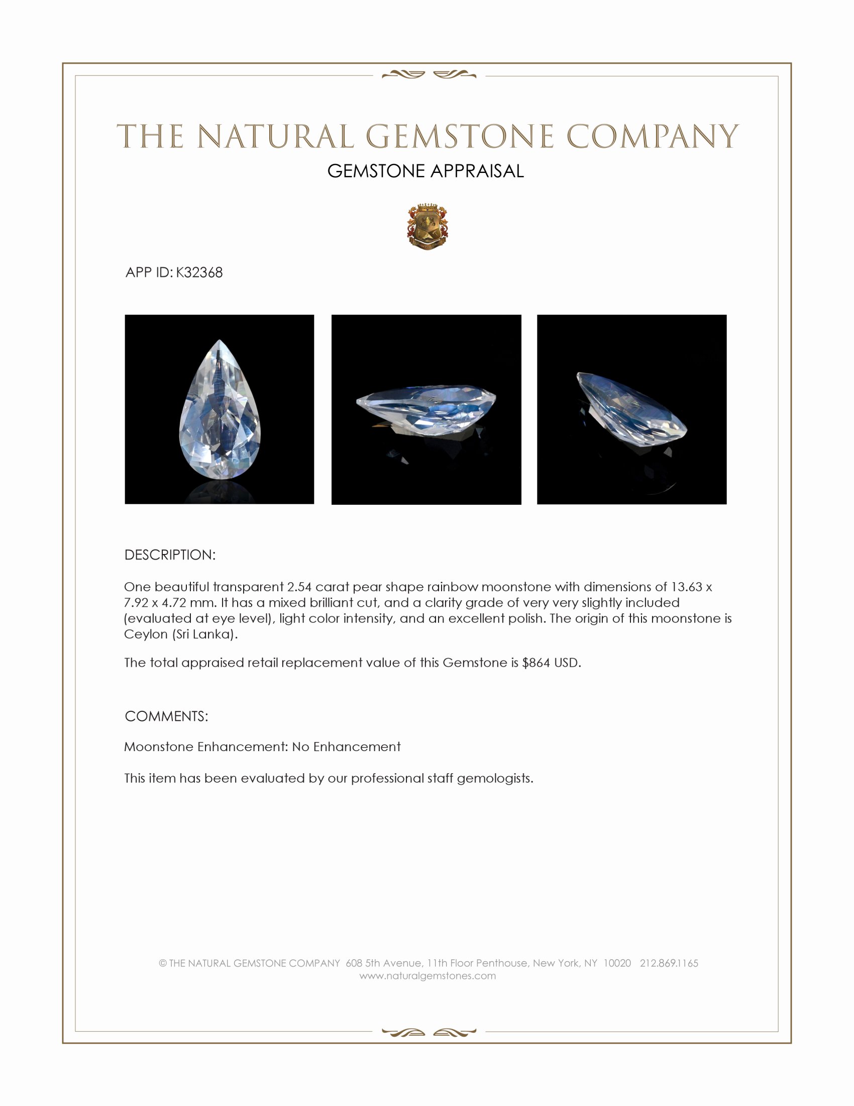 2.54 Ct. Rainbow Moonstone from Ceylon (Sri Lanka)