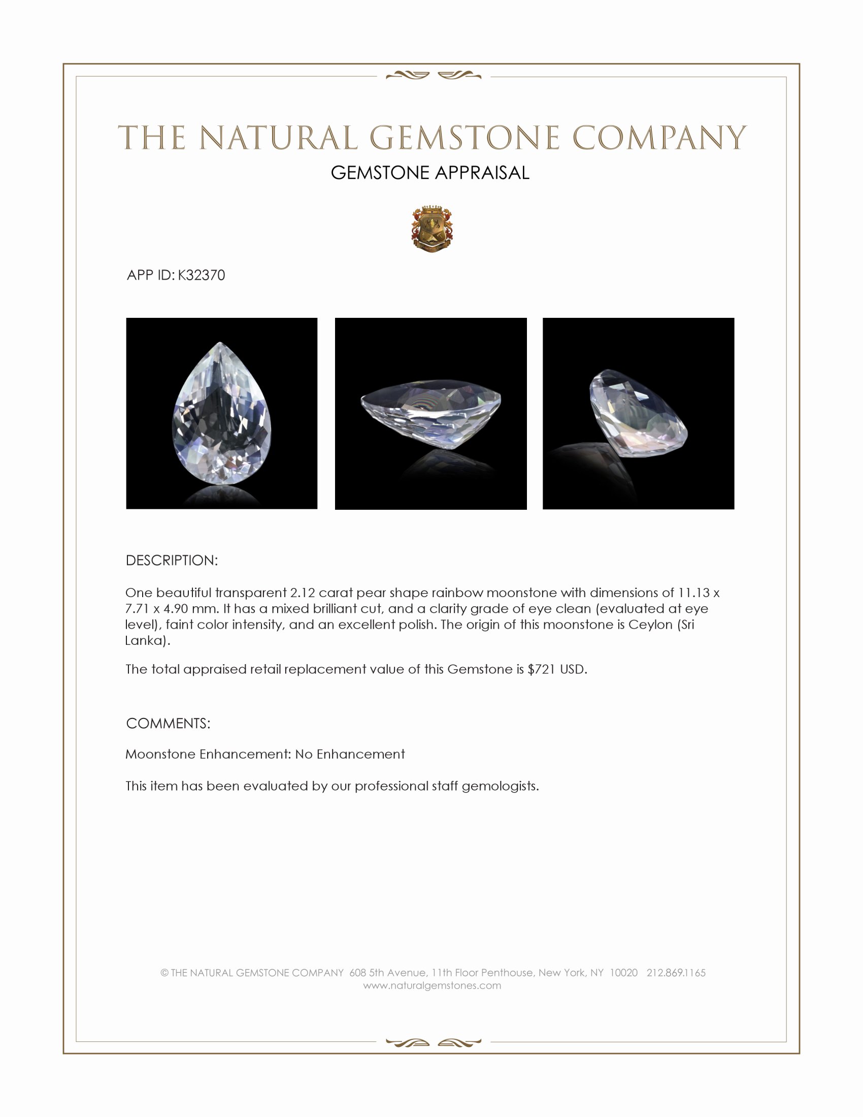 2.12 Ct. Rainbow Moonstone from Ceylon (Sri Lanka)