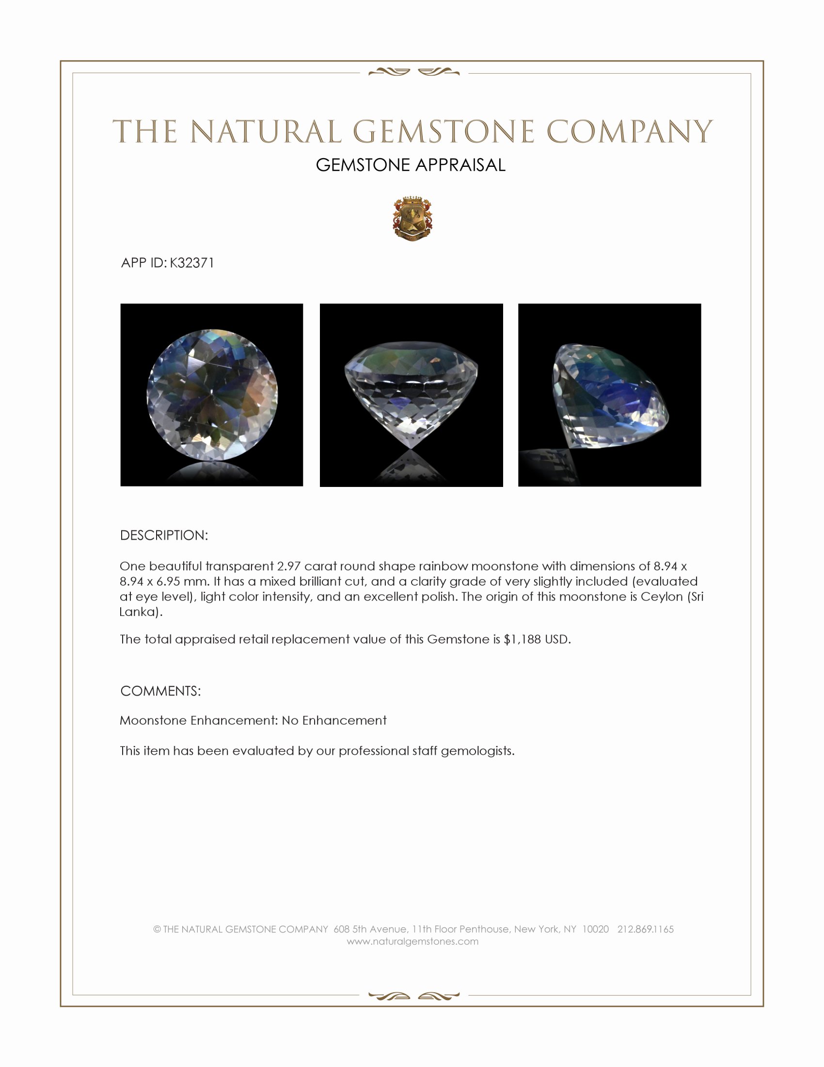 2.97 Ct. Rainbow Moonstone from Ceylon (Sri Lanka)