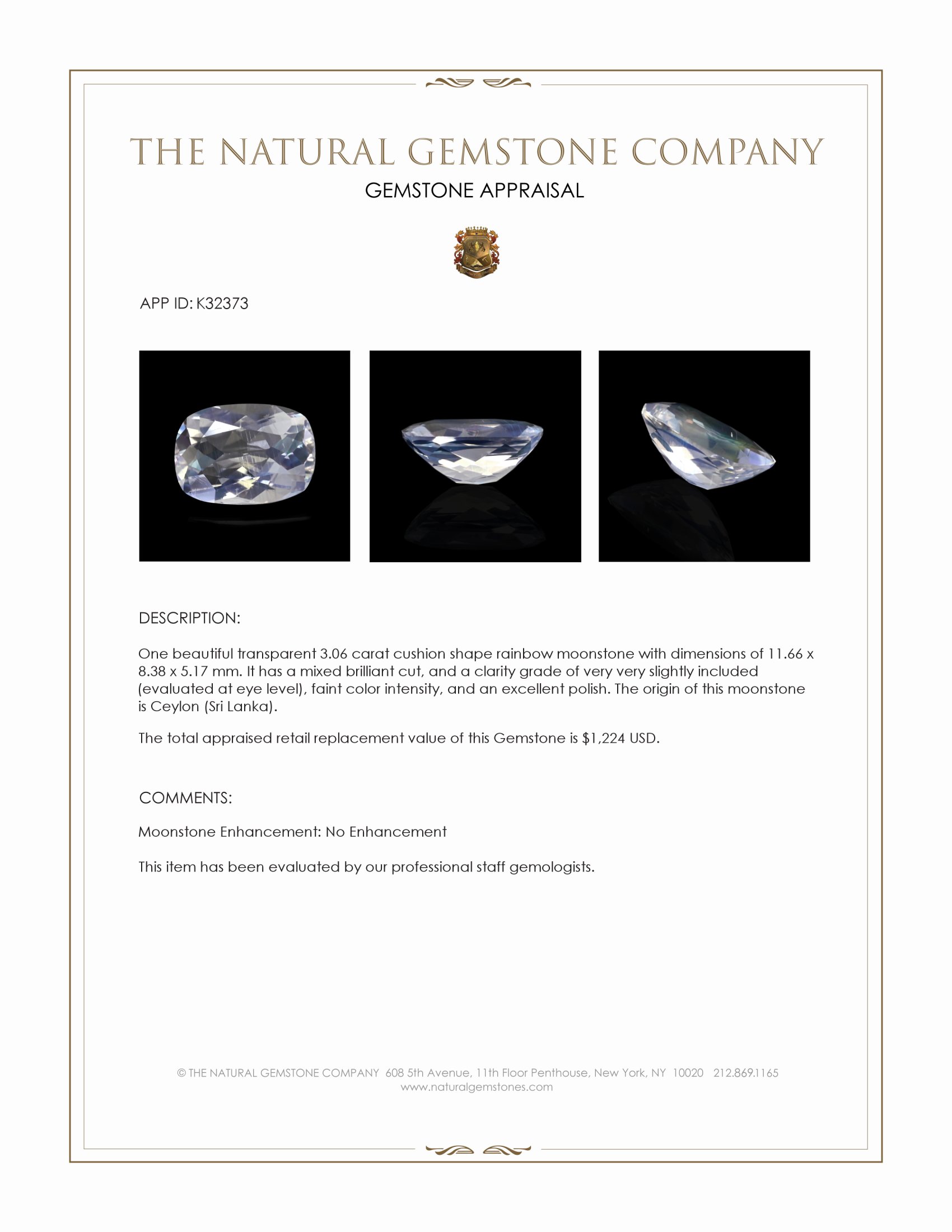 3.06 Ct. Rainbow Moonstone from Ceylon (Sri Lanka)