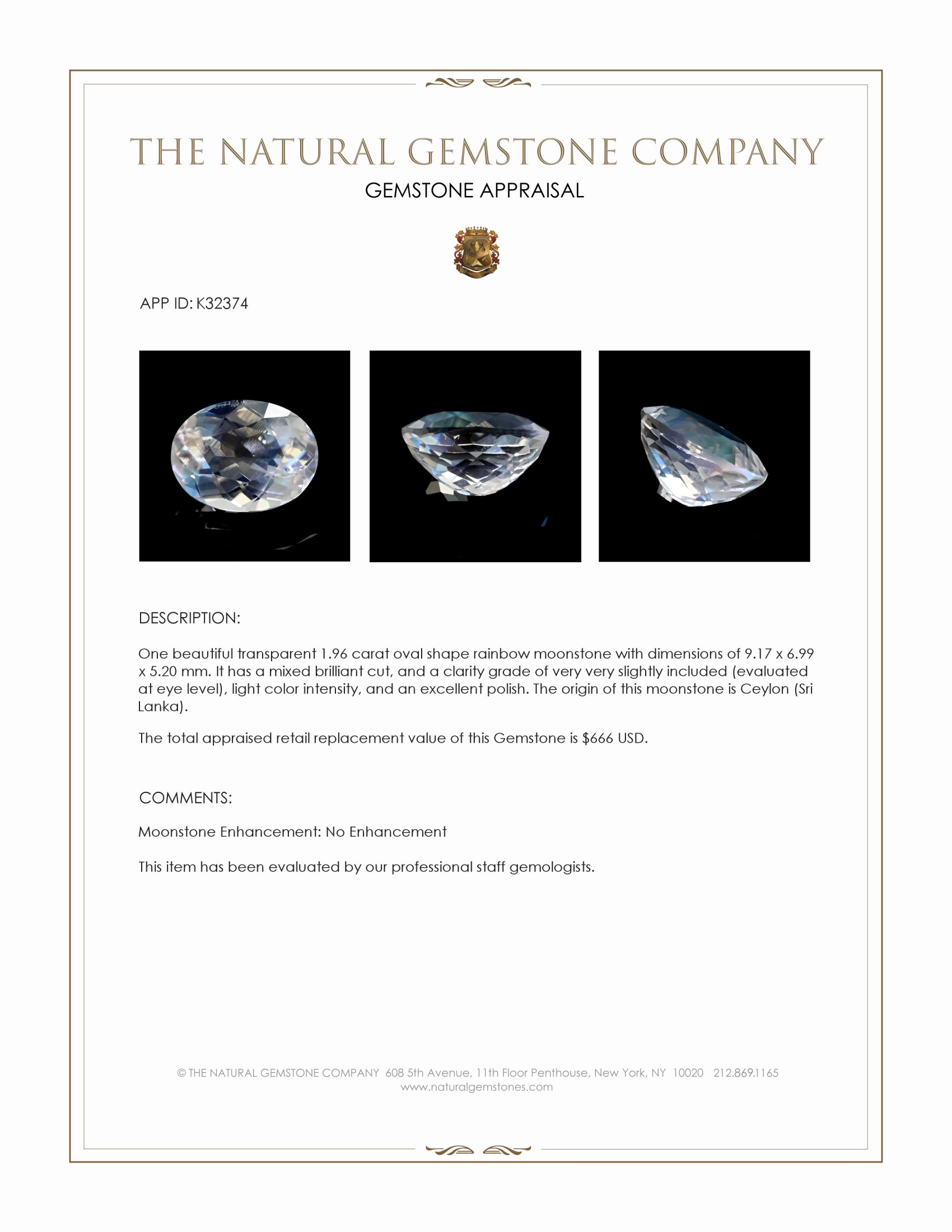 1.96 Ct. Rainbow Moonstone from Ceylon (Sri Lanka)