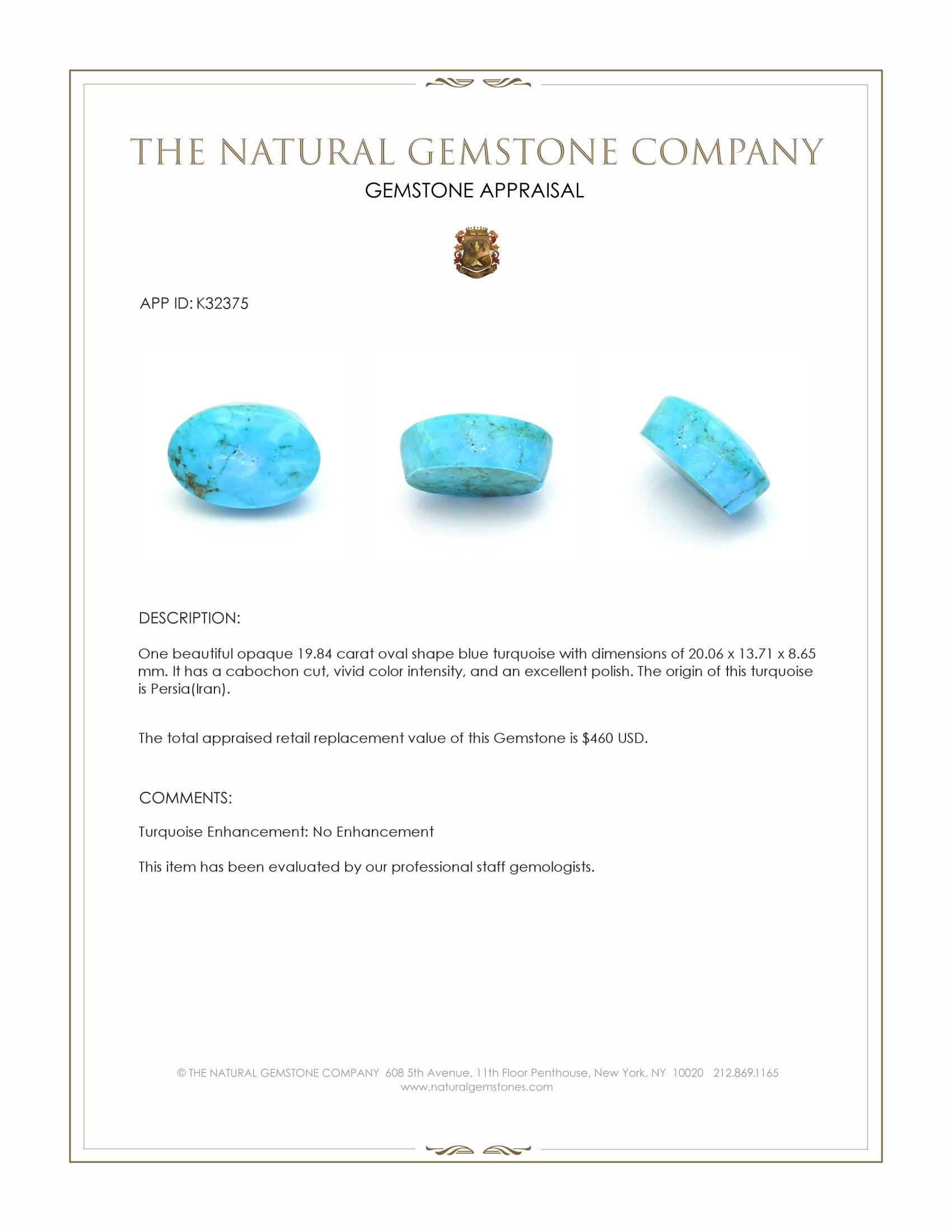 19.84 Ct. Blue Cabochon Turquoise from Persia(Iran)
