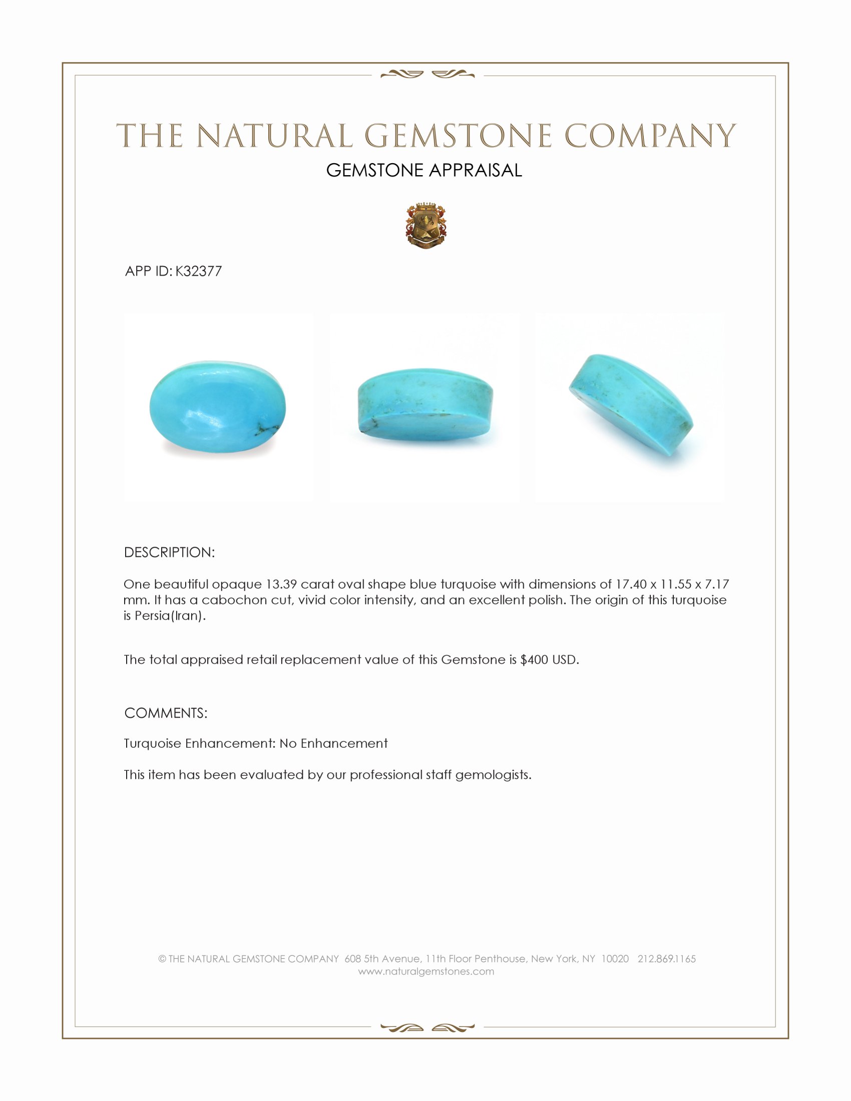 13.39 Ct. Blue Cabochon Turquoise from Persia(Iran)