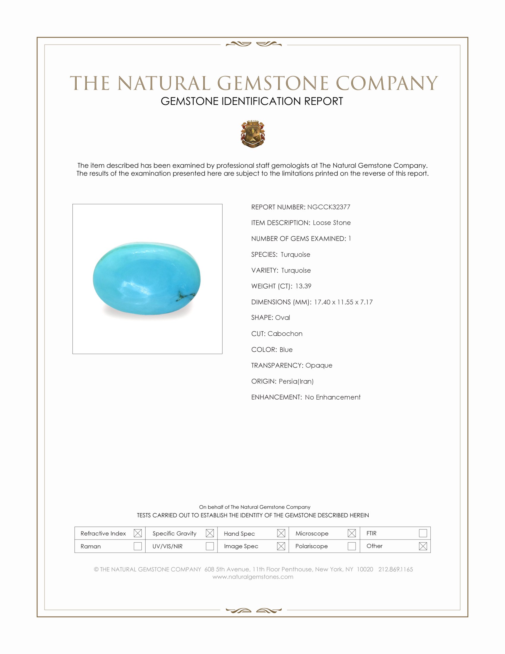 13.39 Ct. Blue Cabochon Turquoise from Persia(Iran)