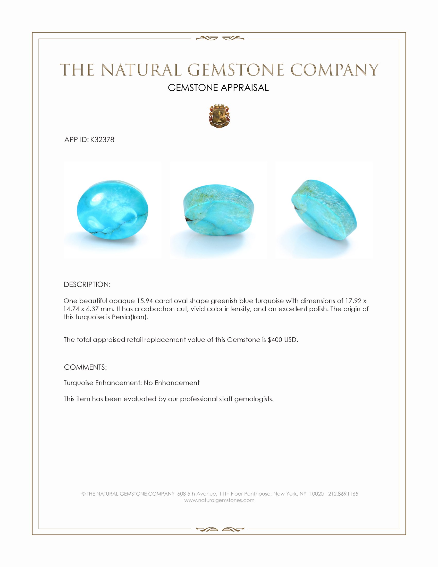 15.94 Ct. Greenish Blue Cabochon Turquoise from Persia(Iran)