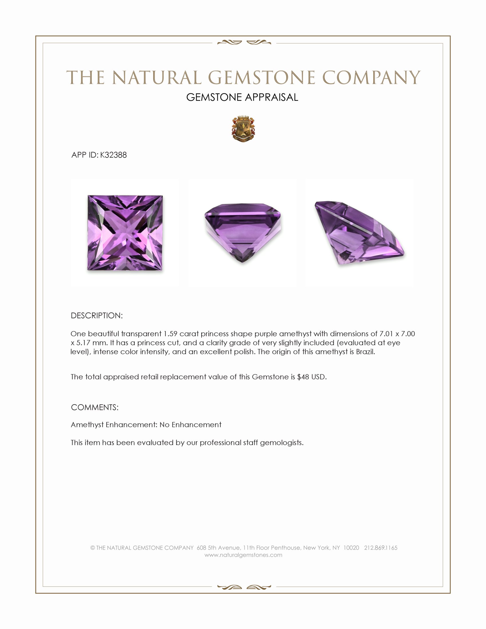 1.59 Ct. Purple Amethyst from Brazil