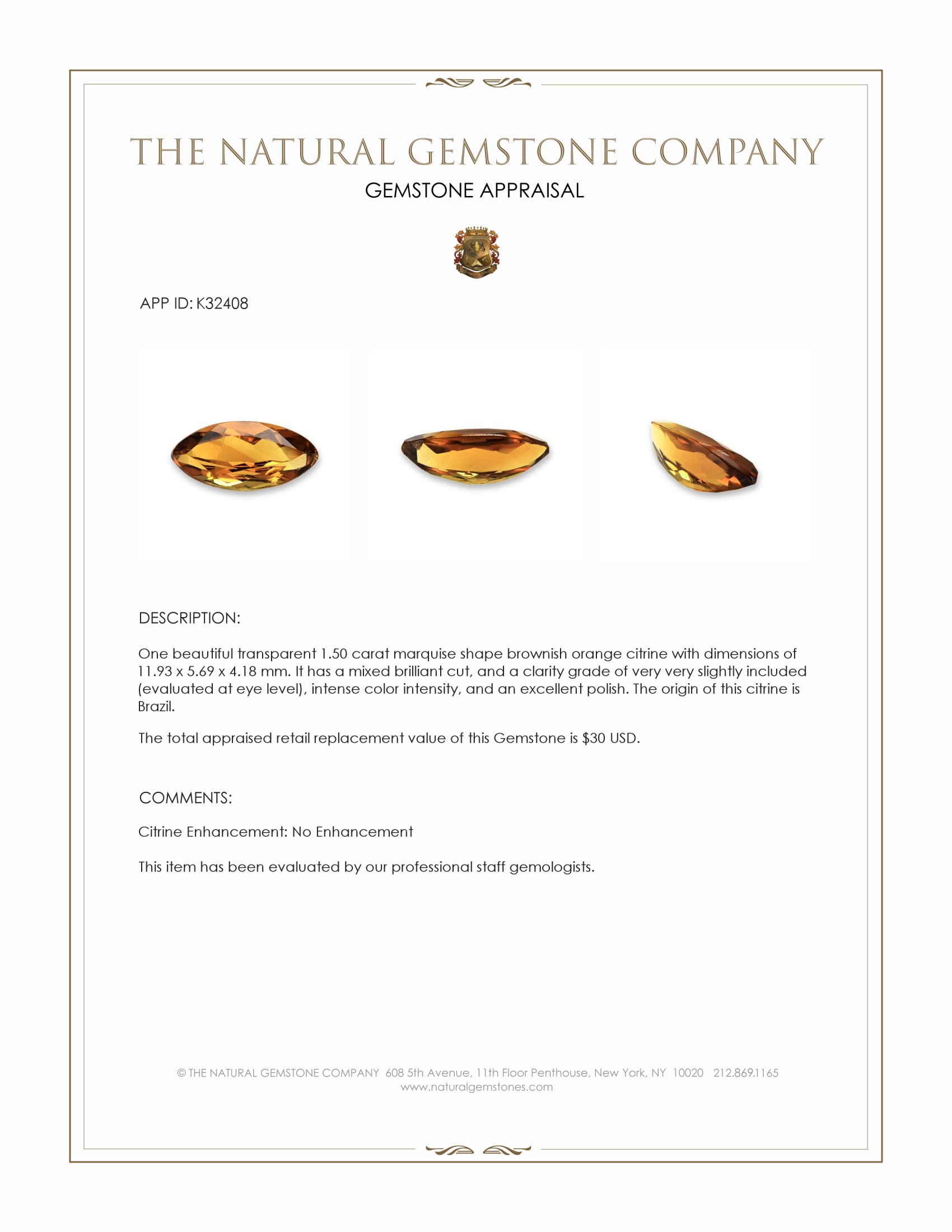 1.50 Ct. Brownish Orange Citrine from Brazil