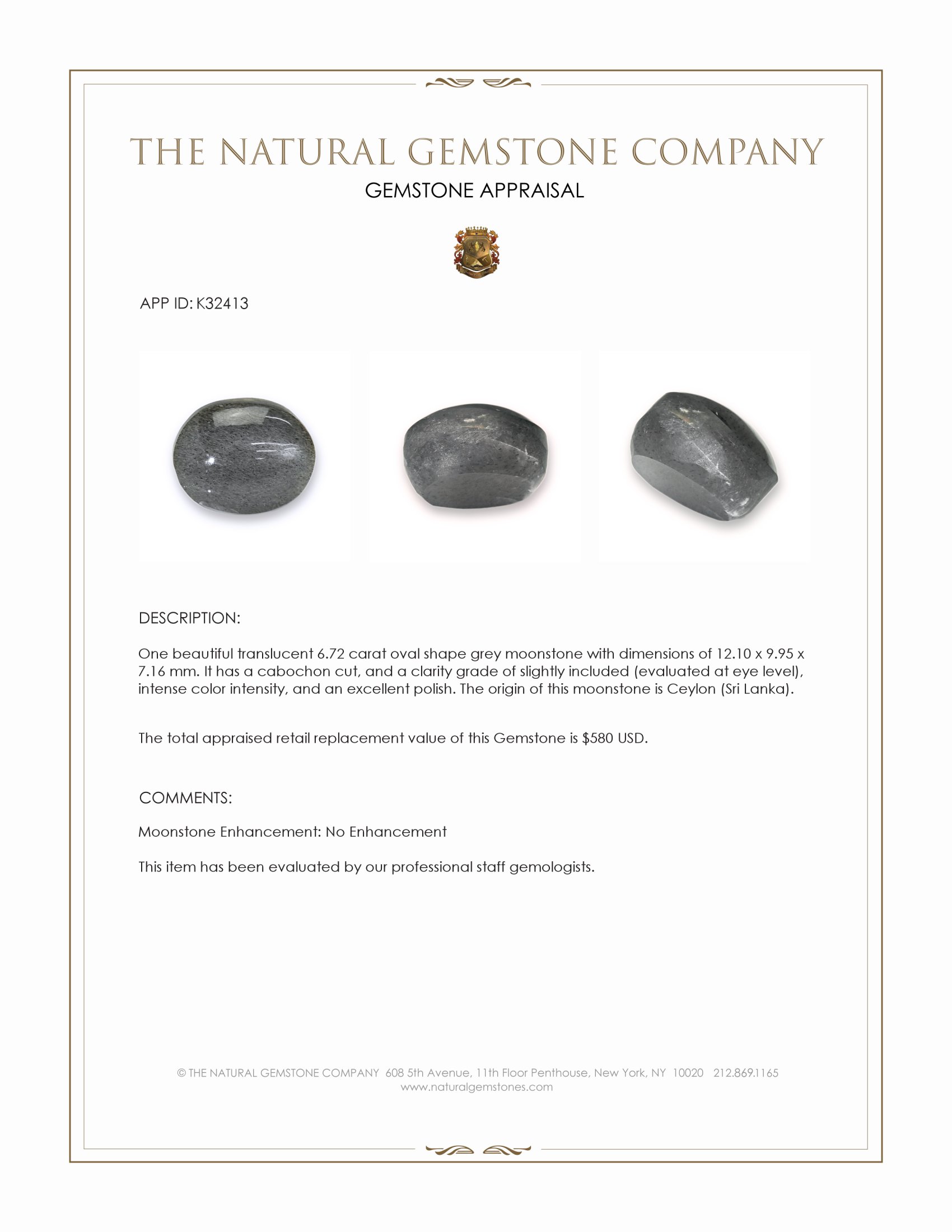 6.72 Ct. Grey Cabochon Moonstone from Ceylon (Sri Lanka)