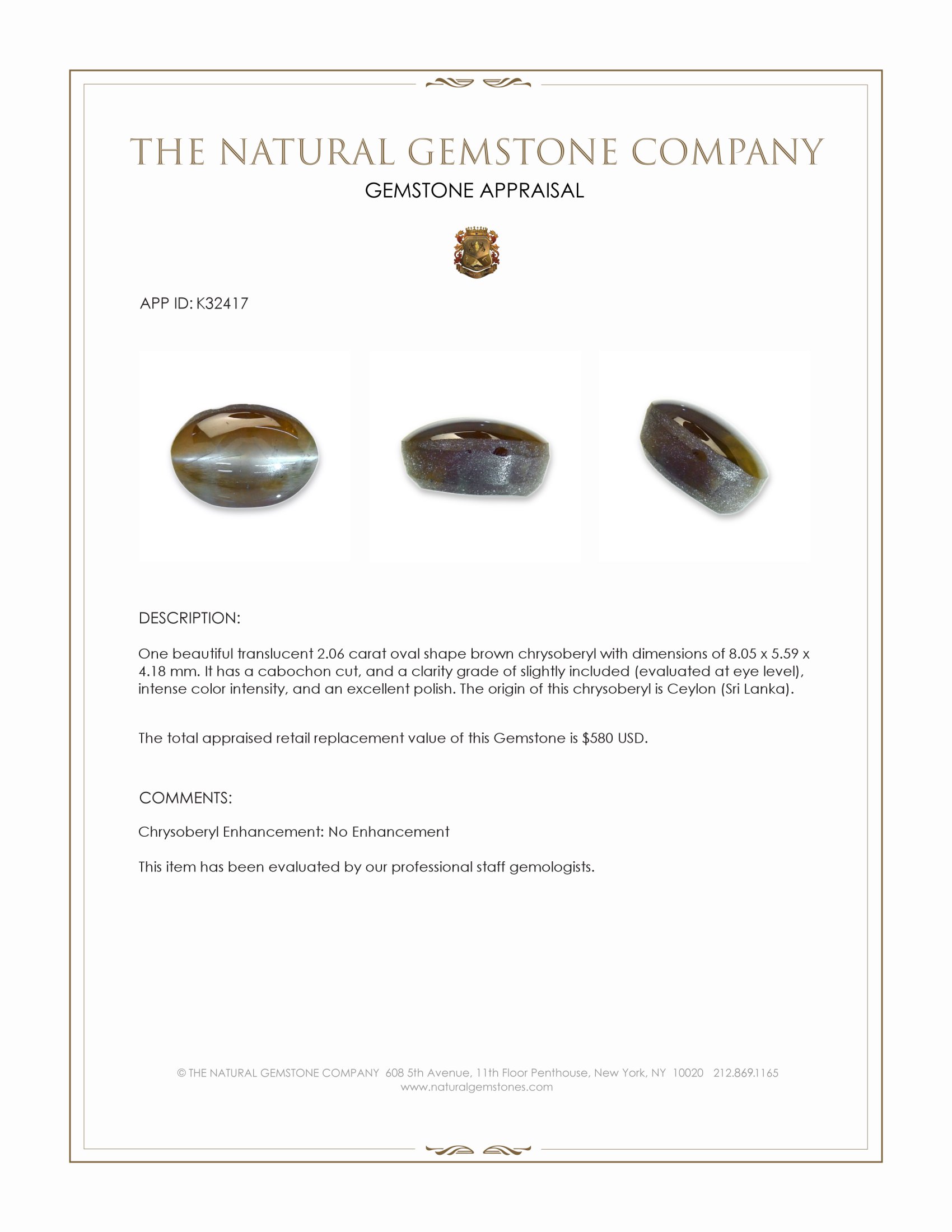2.06 Ct. Brown Cabochon Cat’s Eye Chrysoberyl from Ceylon (Sri Lanka)