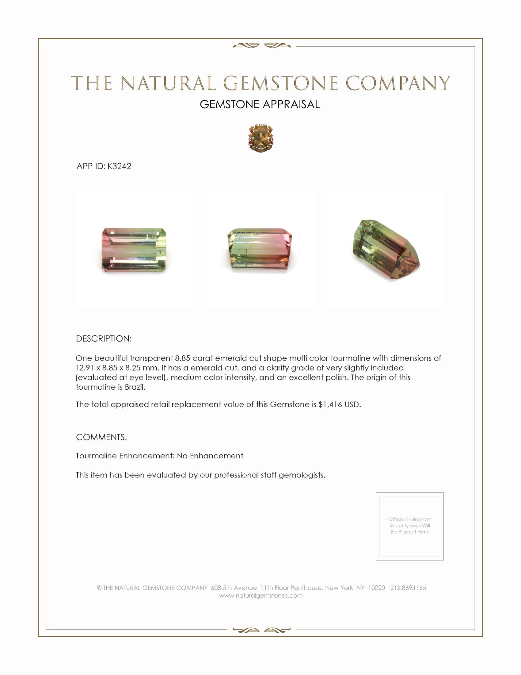 8.85 Ct. Tourmaline from Brazil