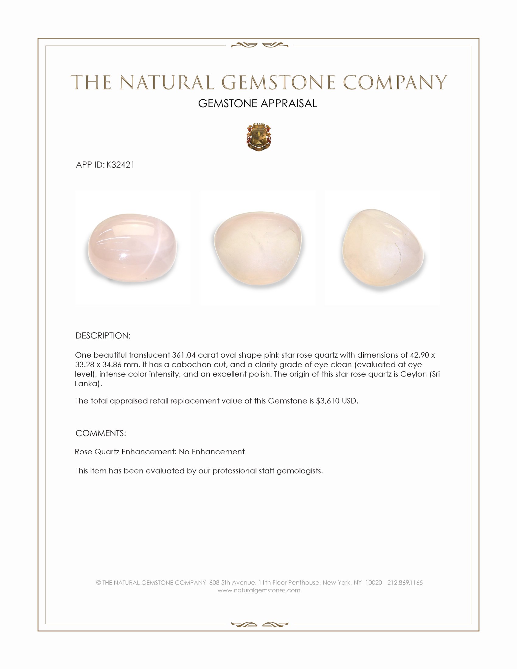 361.04 Ct. Pink Cabochon Star Rose Quartz from Ceylon (Sri Lanka)