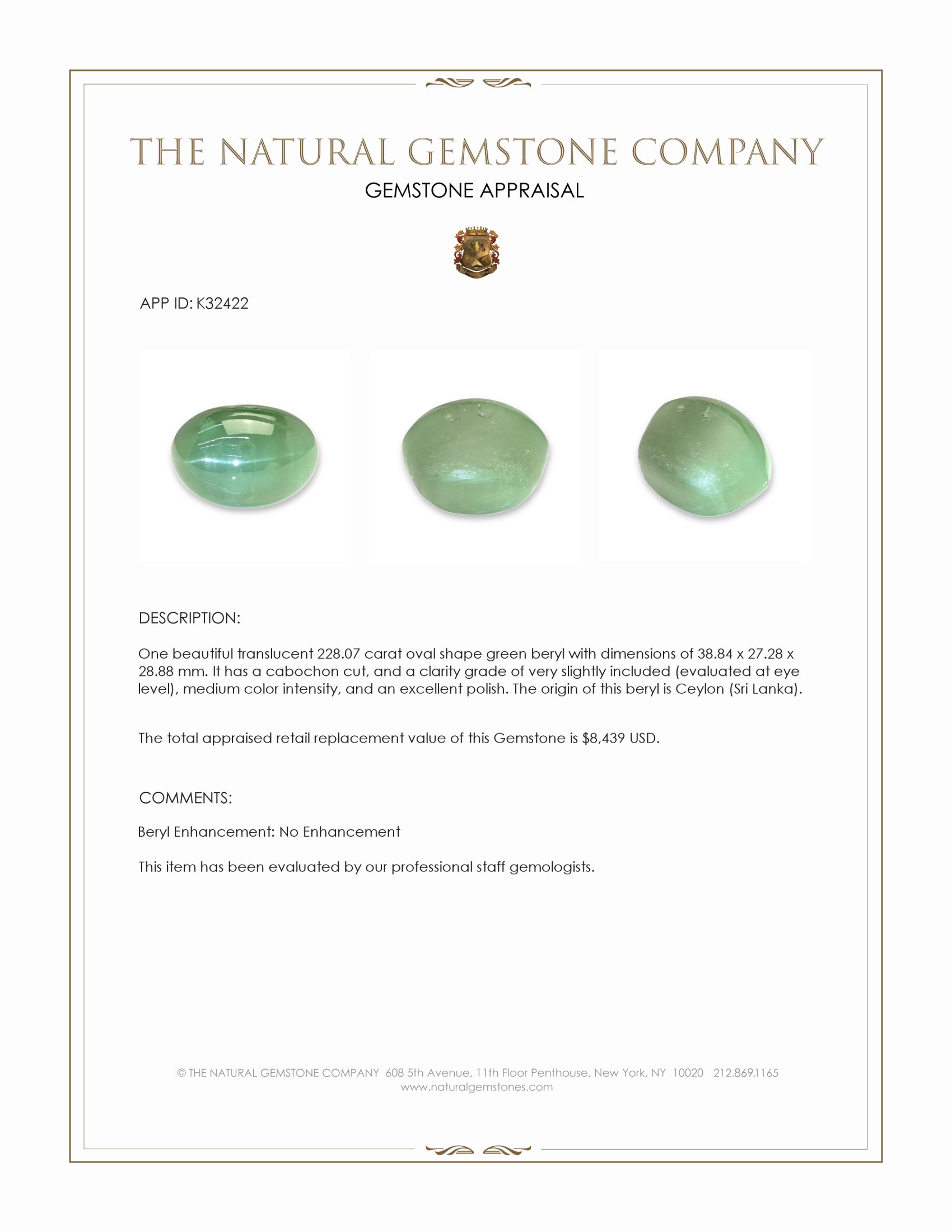 228.07 Ct. Green Cabochon Cat’s Eye Beryl from Ceylon (Sri Lanka)