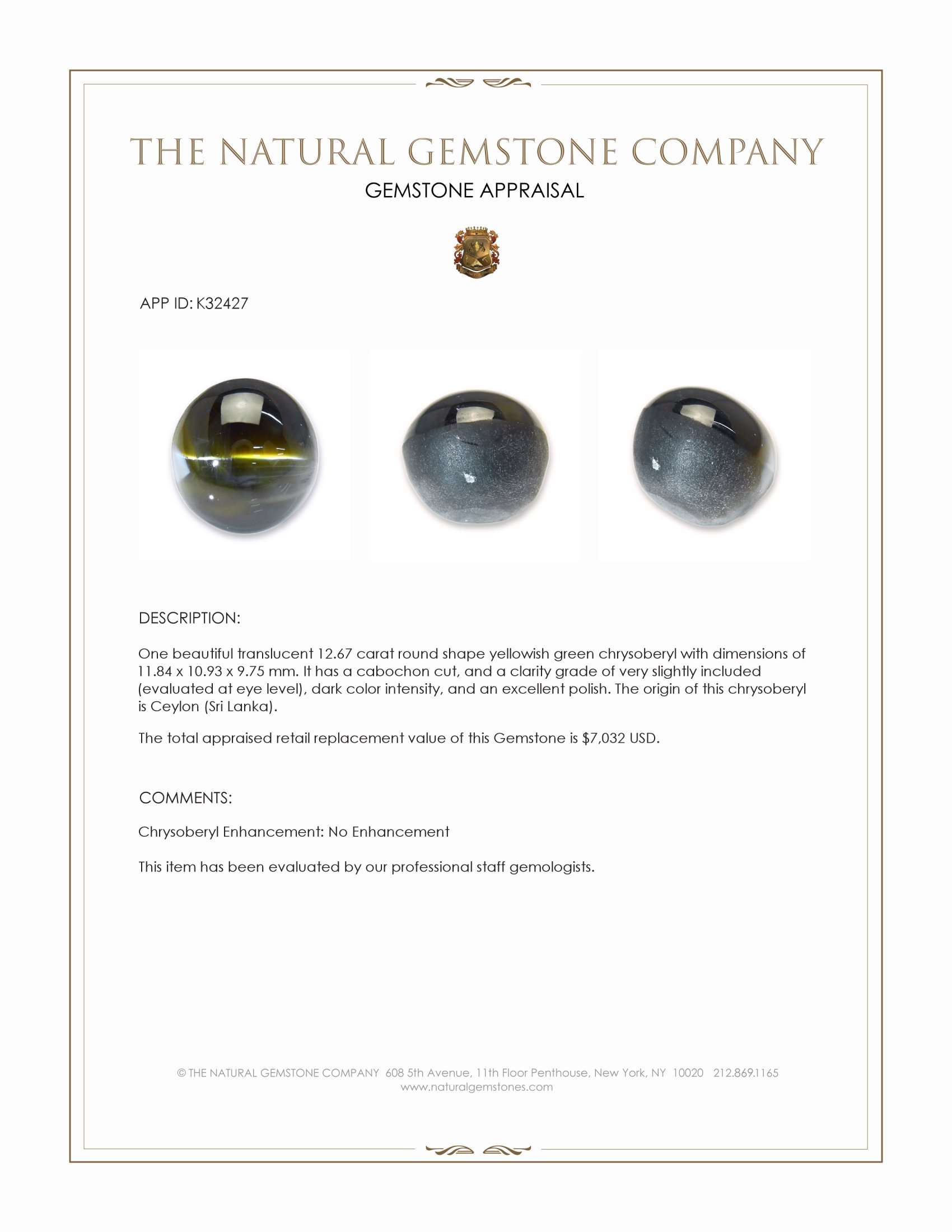 12.67 Ct. Yellowish Green Cabochon Cat’s Eye Chrysoberyl from Ceylon (Sri Lanka)