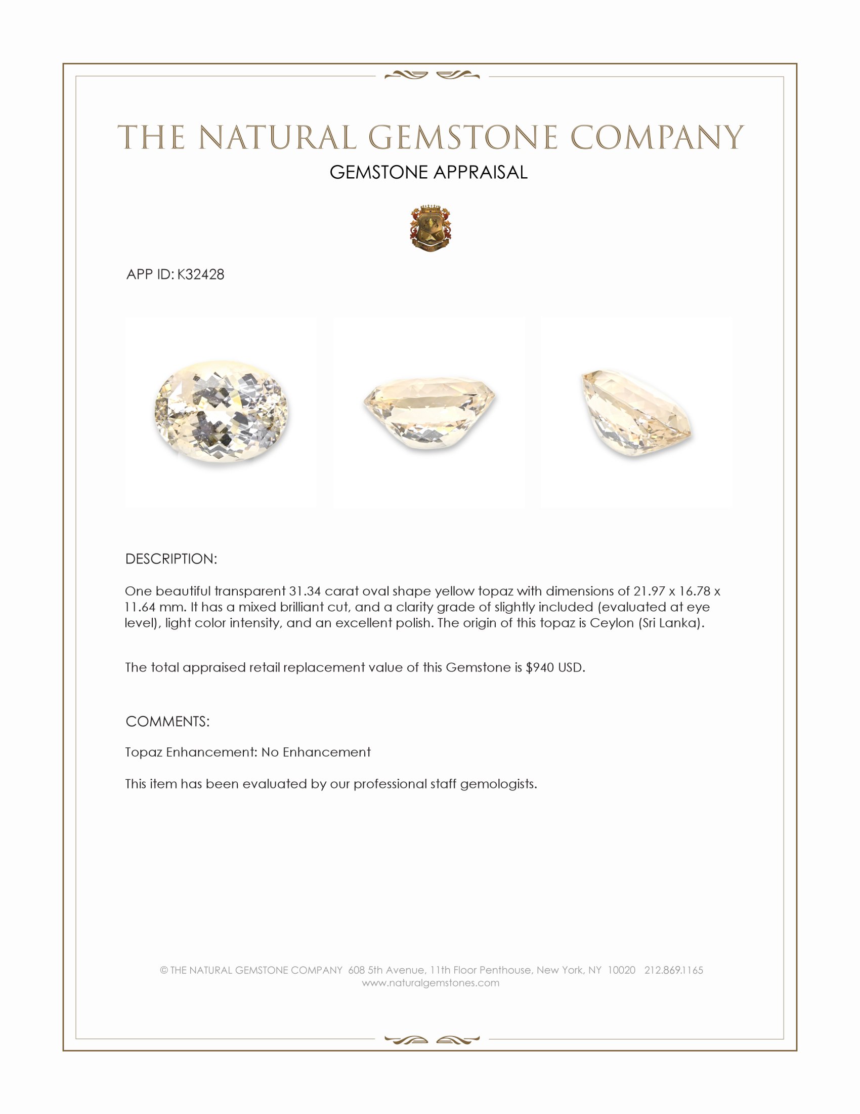 31.34 Ct. Yellow Topaz from Ceylon (Sri Lanka)