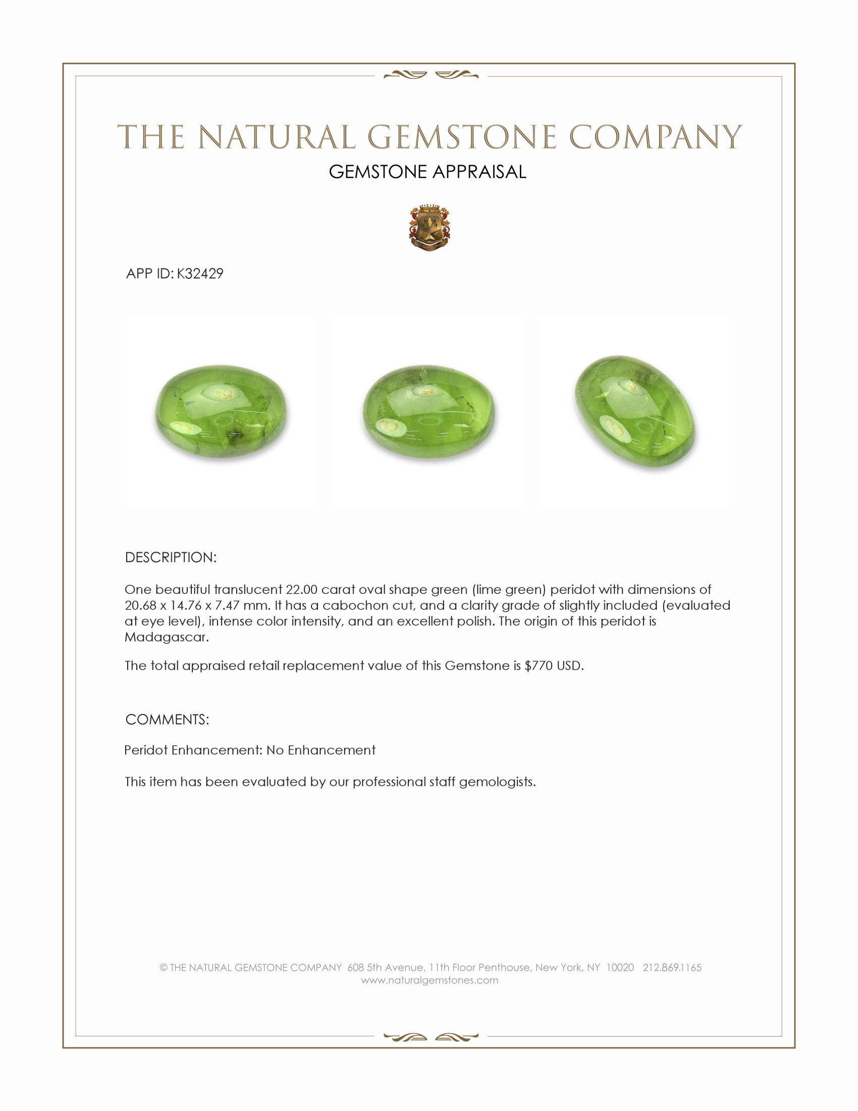22.00 Ct. Green (Lime Green) Cabochon Peridot from Madagascar