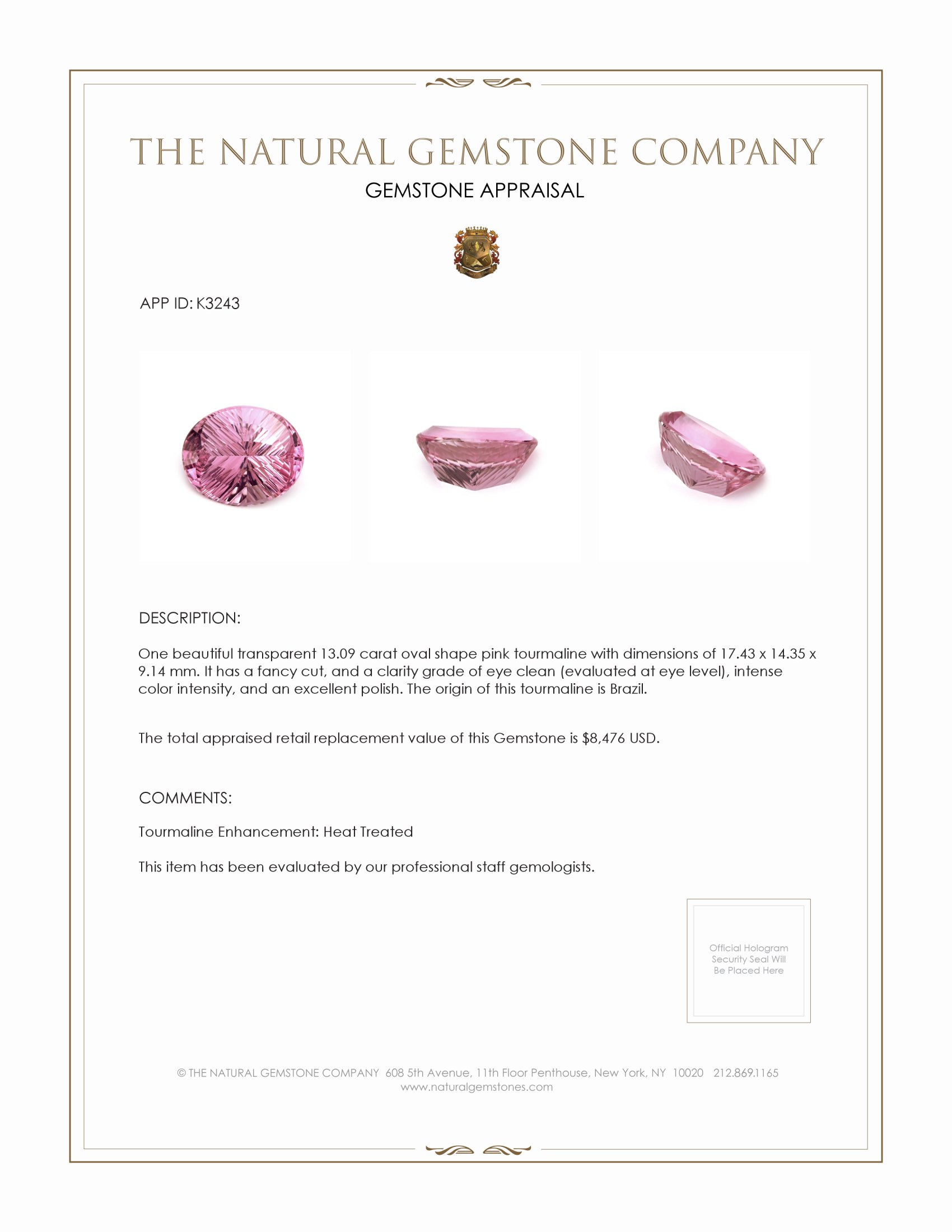 13.09 Ct. Tourmaline from Brazil