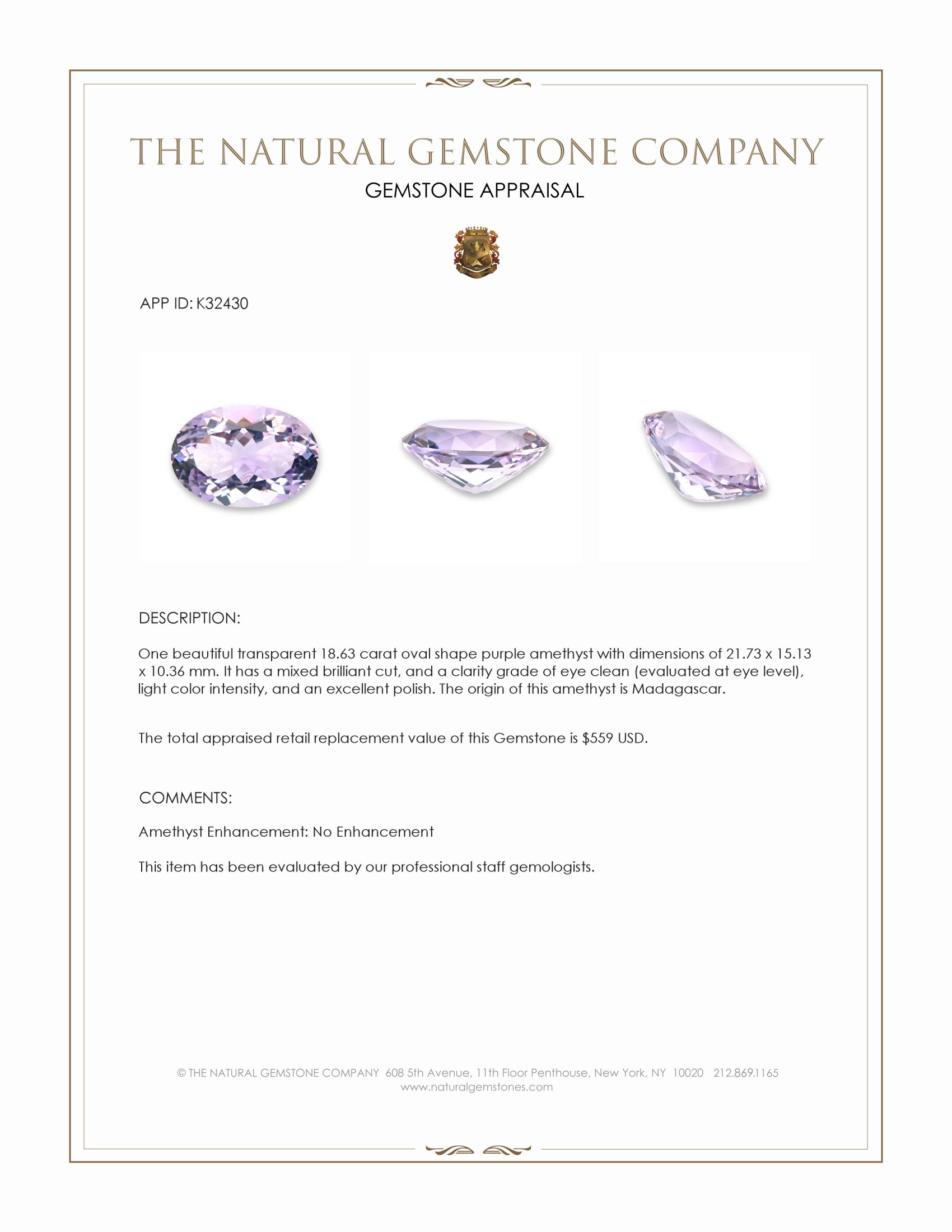 18.63 Ct. Purple Amethyst from Madagascar