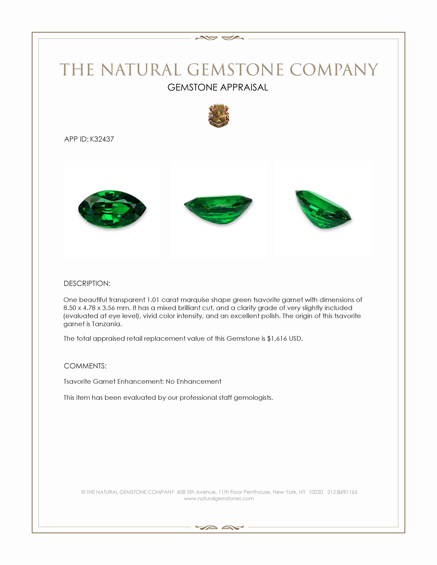 1.01 Ct. Tsavorite Garnet from Tanzania