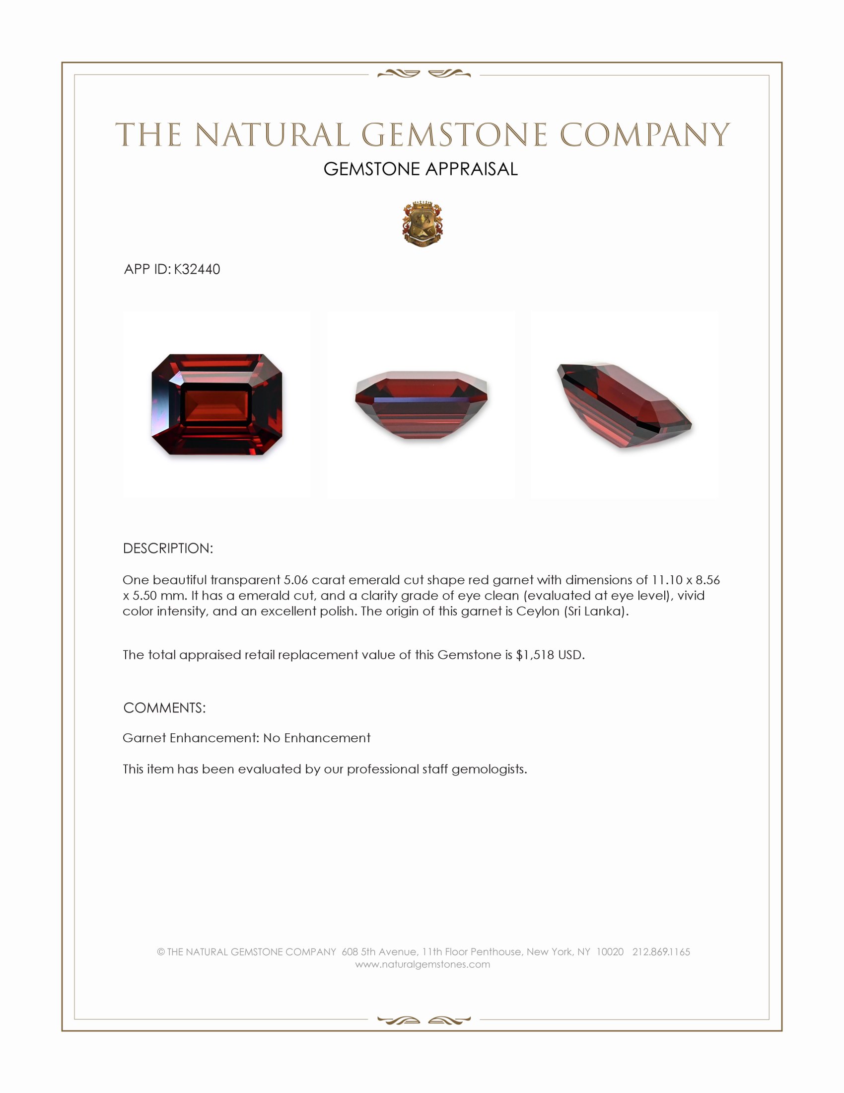 5.06 Ct. Red Garnet from Ceylon (Sri Lanka)