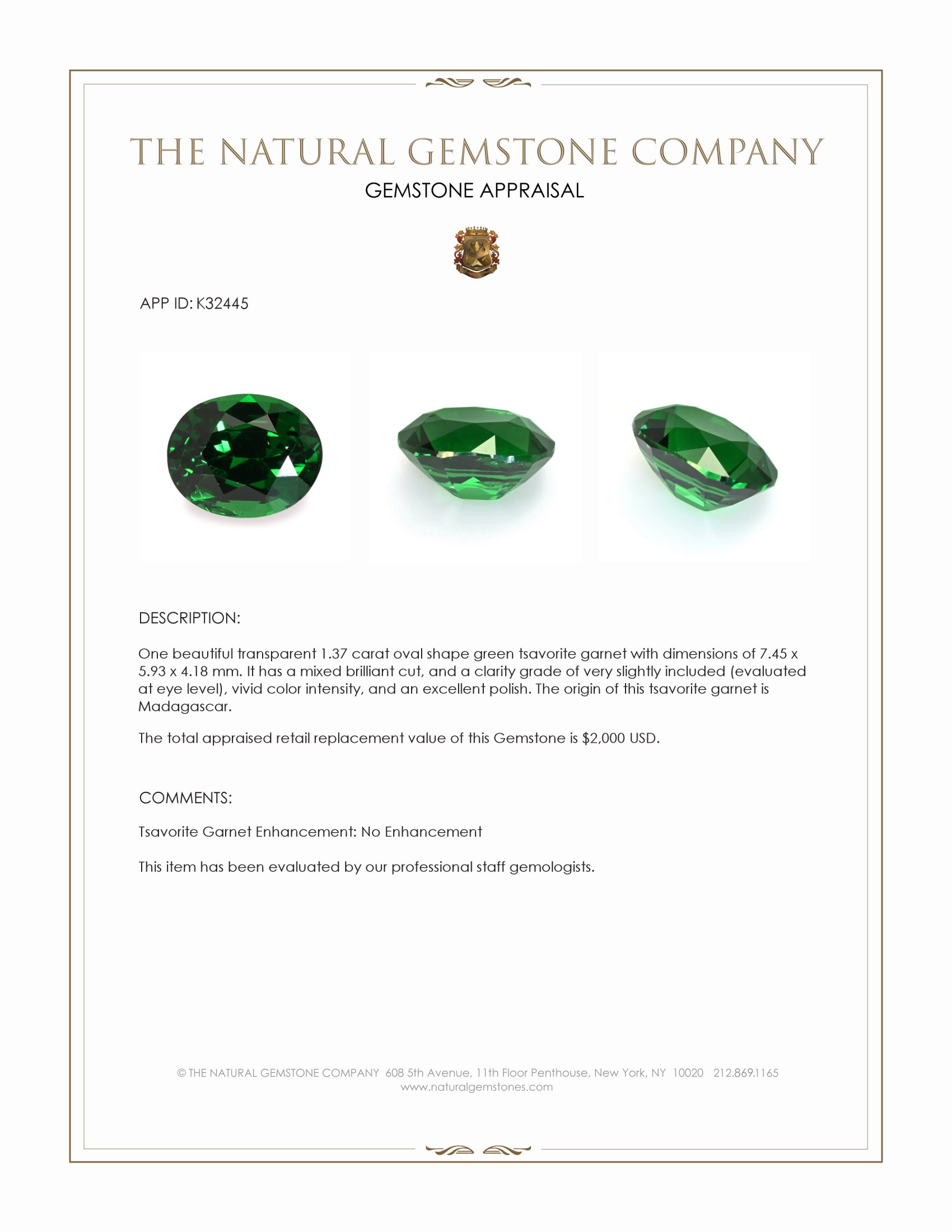 1.37 Ct. Tsavorite Garnet from Madagascar