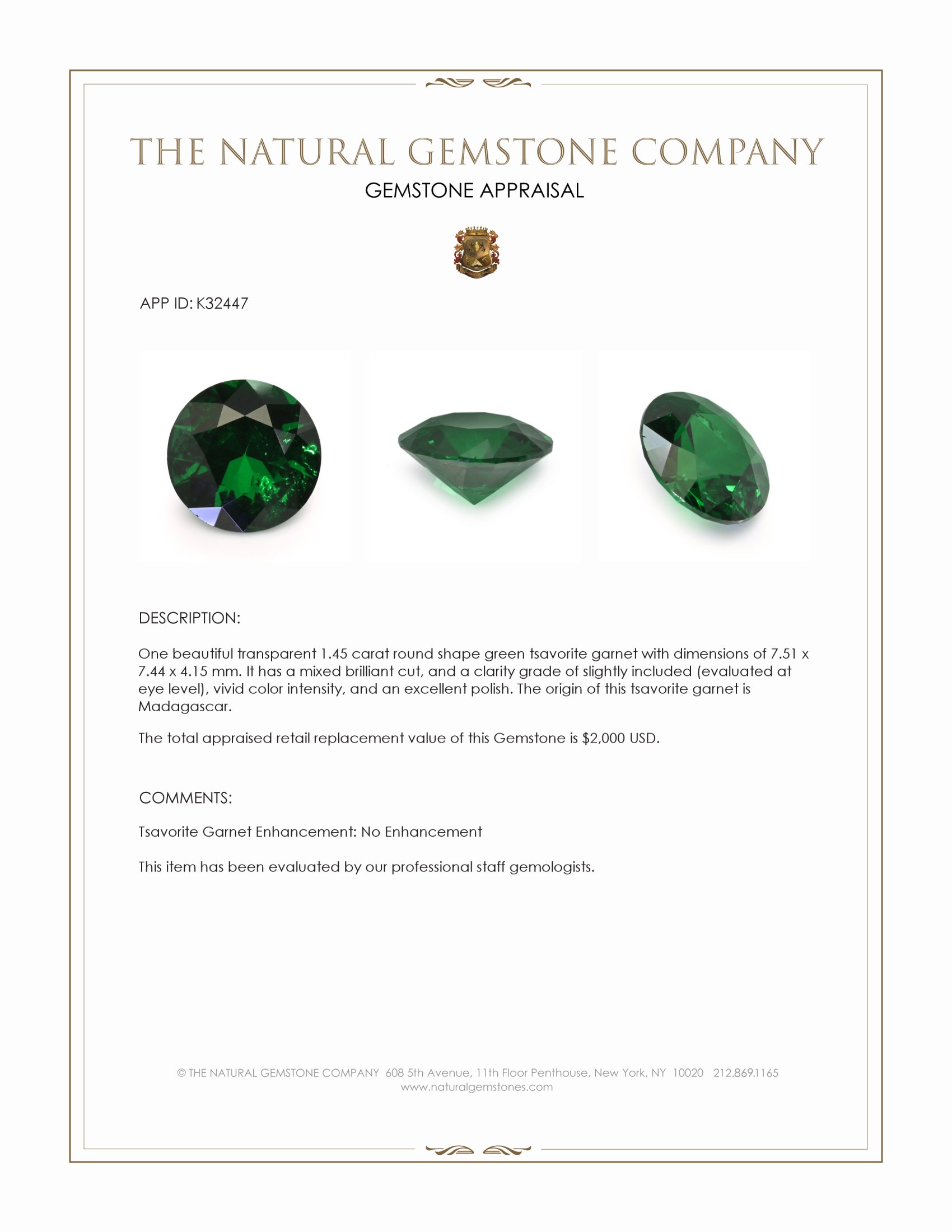 1.45 Ct. Tsavorite Garnet from Madagascar
